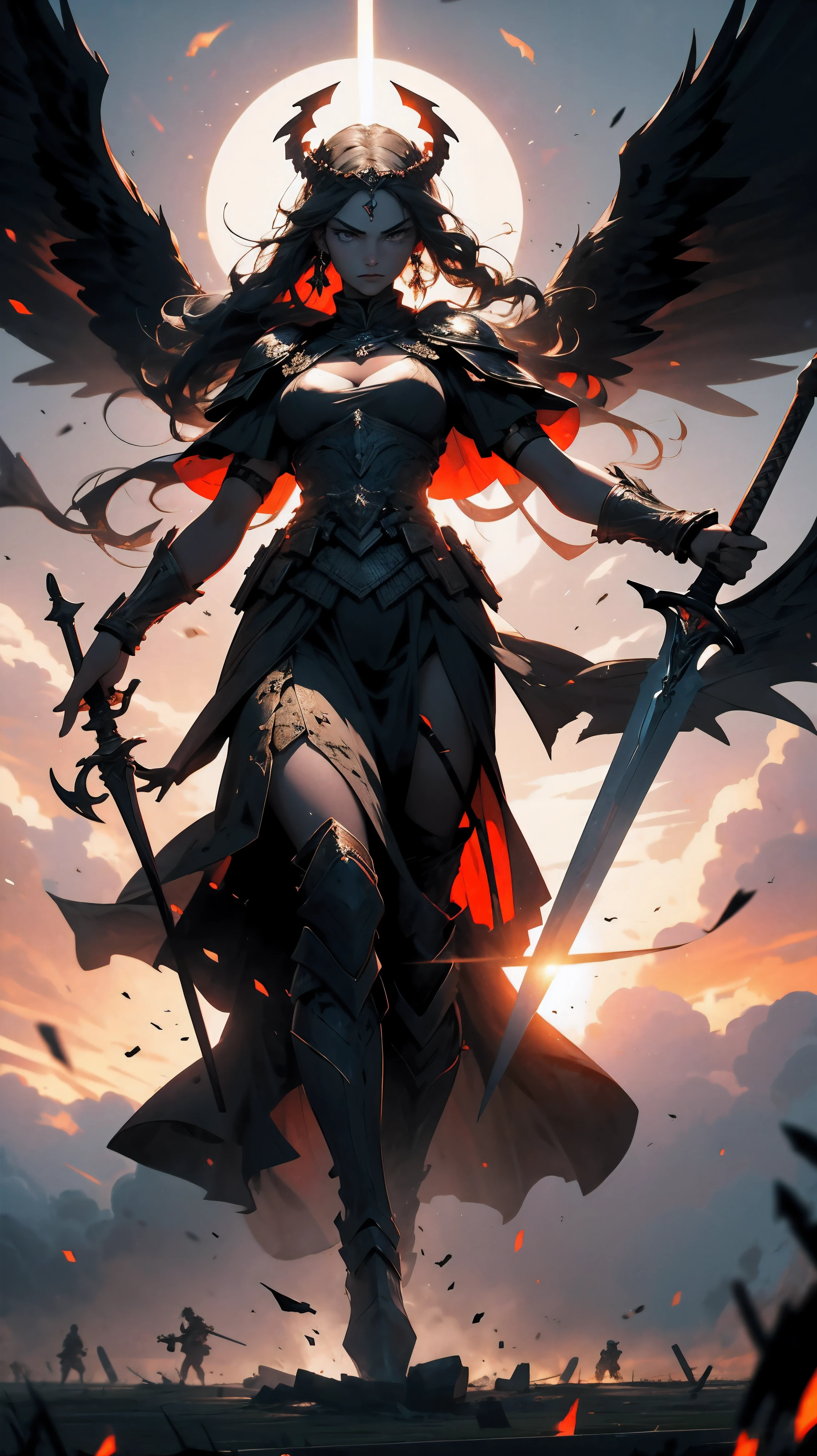 large silhouette of the goddess of war in the air with bloody sword in her hand, Best quality, masterpiece, super high resolution, (realism: 1.4), vast field, dead warriors bodies lying on the field, corpses, dark colors, gloomy, grim, foggy