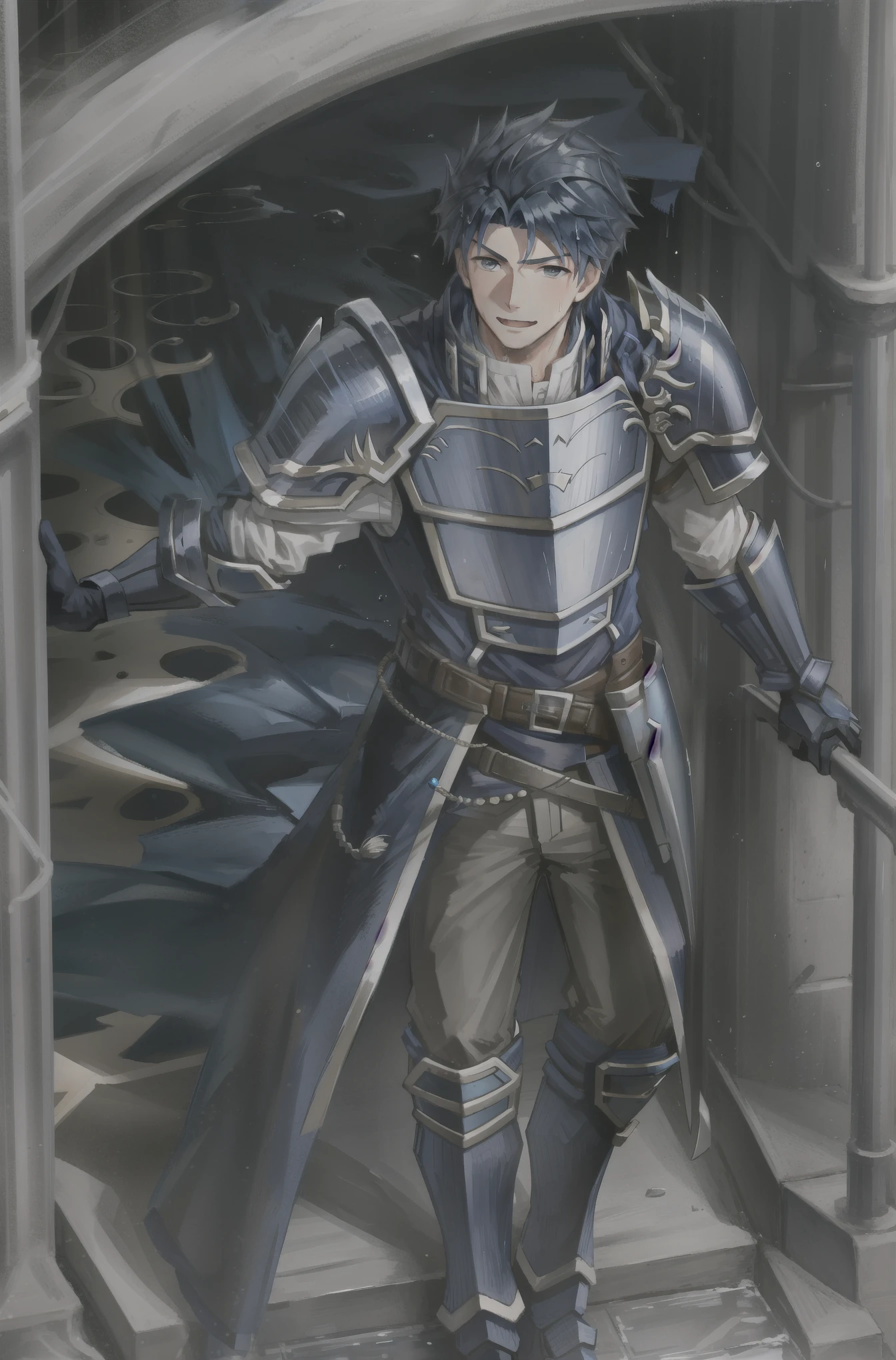 Hector Fay, soloist, looking at the audience, smiling, open mouth, sweat, get wet, wet, Slobber, Gloves, 1 boy, blue hair, male focus, tie, armor, from below,