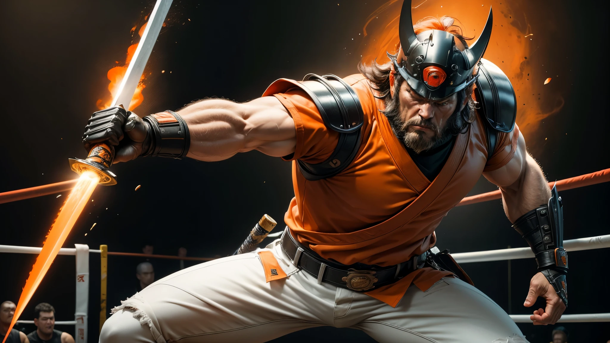 good quality, ultra high resolution,masterpiece, 8K,(reality,detail)In the fighting ring,One wearing orange short sleeves,Wearing a black samurai helmet,white jeans,holding katana,Treacherous expression,A tall, burly man,whole body effect,((from head to foot))
