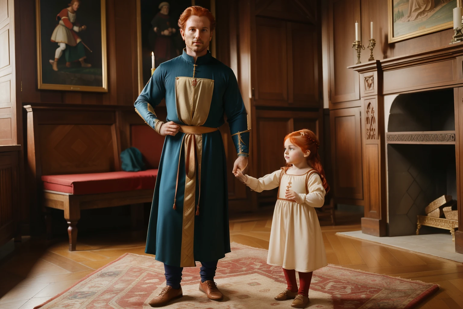 Italy, 1348. ((Wide shot)), ((((32-year-old)) Merthin Fitzgerald)), handsome, athletic, in his italian mansion, with his toddler daughter. ((((clothings from the 1340s)))), ((redhead hairstyle of the 1340s))