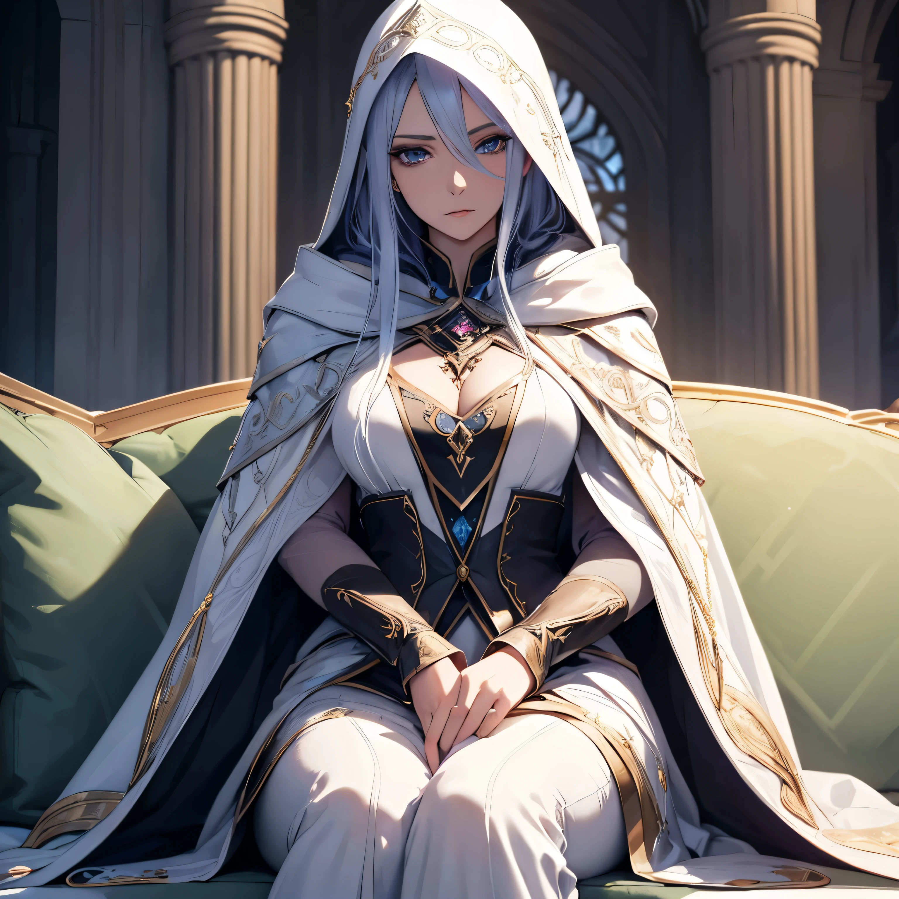 Female Archmage, Crystal Archmage, Crystal Magic User, [detailed, close up, detailed face, detailed background], High ranking female mage, wearing white cloak, dark fantasy, OC, mature, dark and realistic, human (Background: Living room, sitting on a sofa)