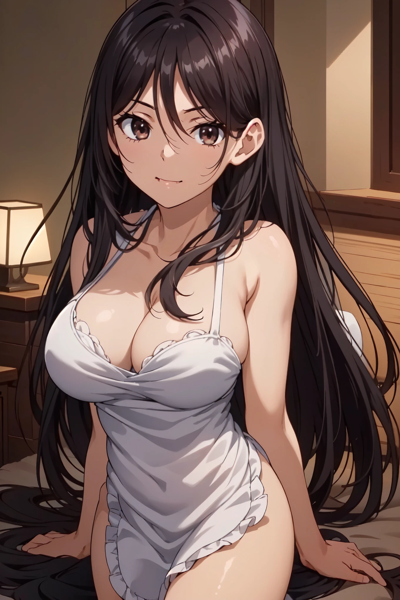 8K, masterpiece, very detailed, anime style, alone, A breathtakingly beautiful 1girl,(naked apron:1.4),(view from below:1.4),(masterpiece:1.5),(night:1.5),very accurate and detailed,ultra high resolution,extremely detailed CG unity 8K wallpaper,(realistic,Photoreal,超realistic:1.5),(curve,model,Glamour:1.5),beautiful breasts,beautiful detailed shadows,beautiful eyes,beautiful body,beautiful skin,beautiful hands,(aesthetic anime eyes:1.4),(bright room:1.4),(26 years old:1.4),1 girl,looking at the viewer,(enchanting smile:1.4),(living room:1.4), black hair,(turn your arms behind your back:1.4),long straight hair,(brown eyes:1.4),big breasts, (chest comes out:1.2),Are standing,sculpture pose abdomen, clavicle, (night間:1.4), Sweat, (cowboy shot:1.4),