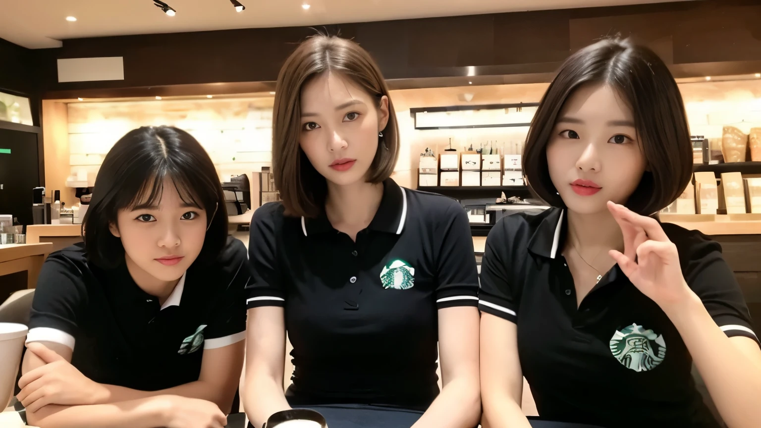 ((highest quality、8K、masterpiece:1.3))、sharp focus:1.2、beautiful woman with perfect body:1.4、((layered haircut))、、(black polo shirt)、(Inside the Starbucks store:1.2)、Highly detailed face and skin texture、 detailed eye、double eyelid、sunburned肌、Sexy、sunburned
