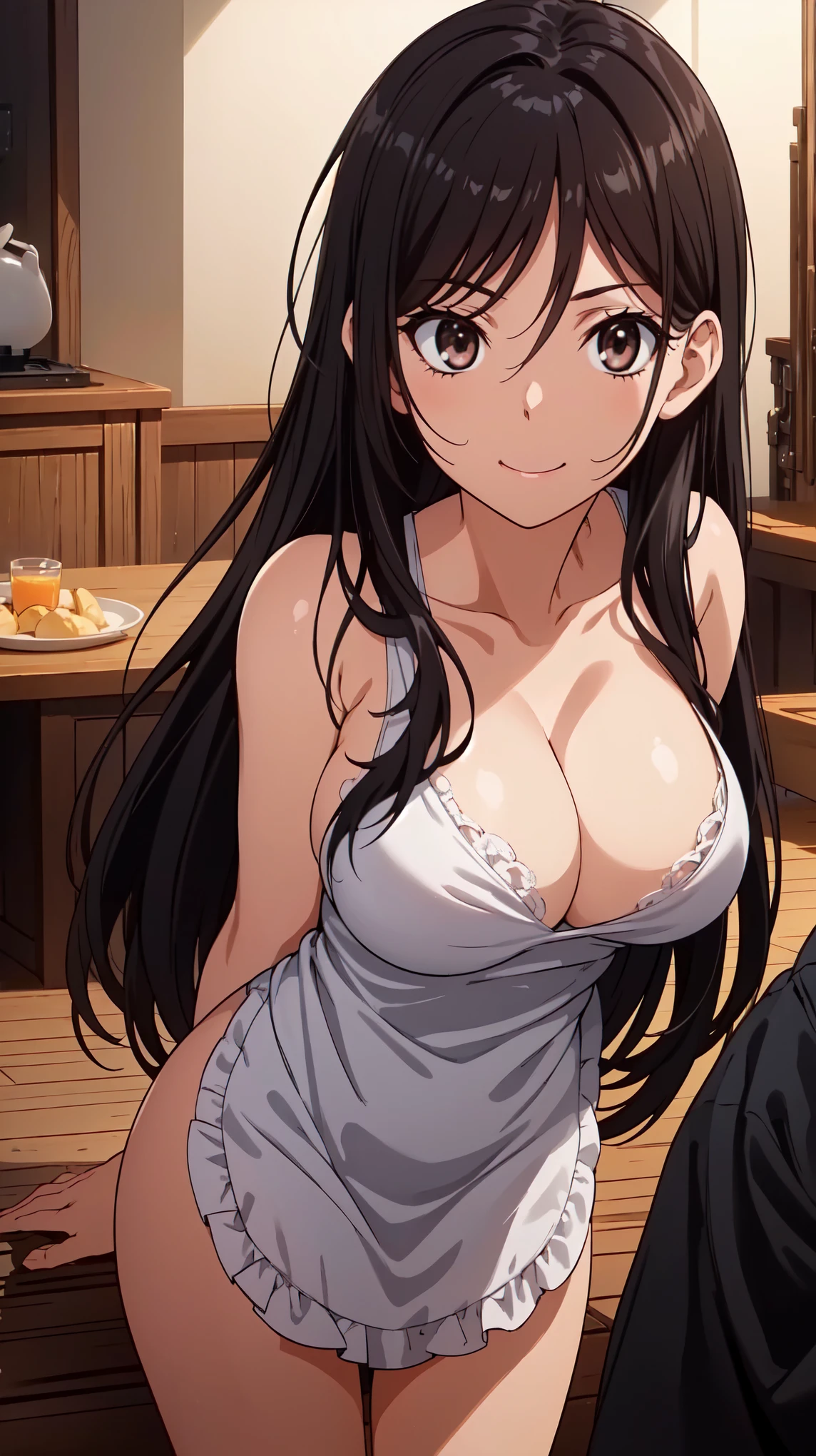 8K, masterpiece, very detailed, anime style, alone, A breathtakingly beautiful 1girl,(naked apron:1.4),(view from below:1.4),(masterpiece:1.5),(night:1.5),very accurate and detailed,ultra high resolution,extremely detailed CG unity 8K wallpaper,(realistic,Photoreal,超realistic:1.5),(curve,model,Glamour:1.5),beautiful breasts,beautiful detailed shadows,beautiful eyes,beautiful body,beautiful skin,beautiful hands,(aesthetic anime eyes:1.4),(bright room:1.4),(26 years old:1.4),1 girl,looking at the viewer,(enchanting smile:1.4),(living room:1.4), black hair,(turn your arms behind your back:1.4),long straight hair,(brown eyes:1.4),big breasts, (chest comes out:1.2),Are standing,sculpture pose abdomen, clavicle, (night間:1.4), Sweat, (cowboy shot:1.4),