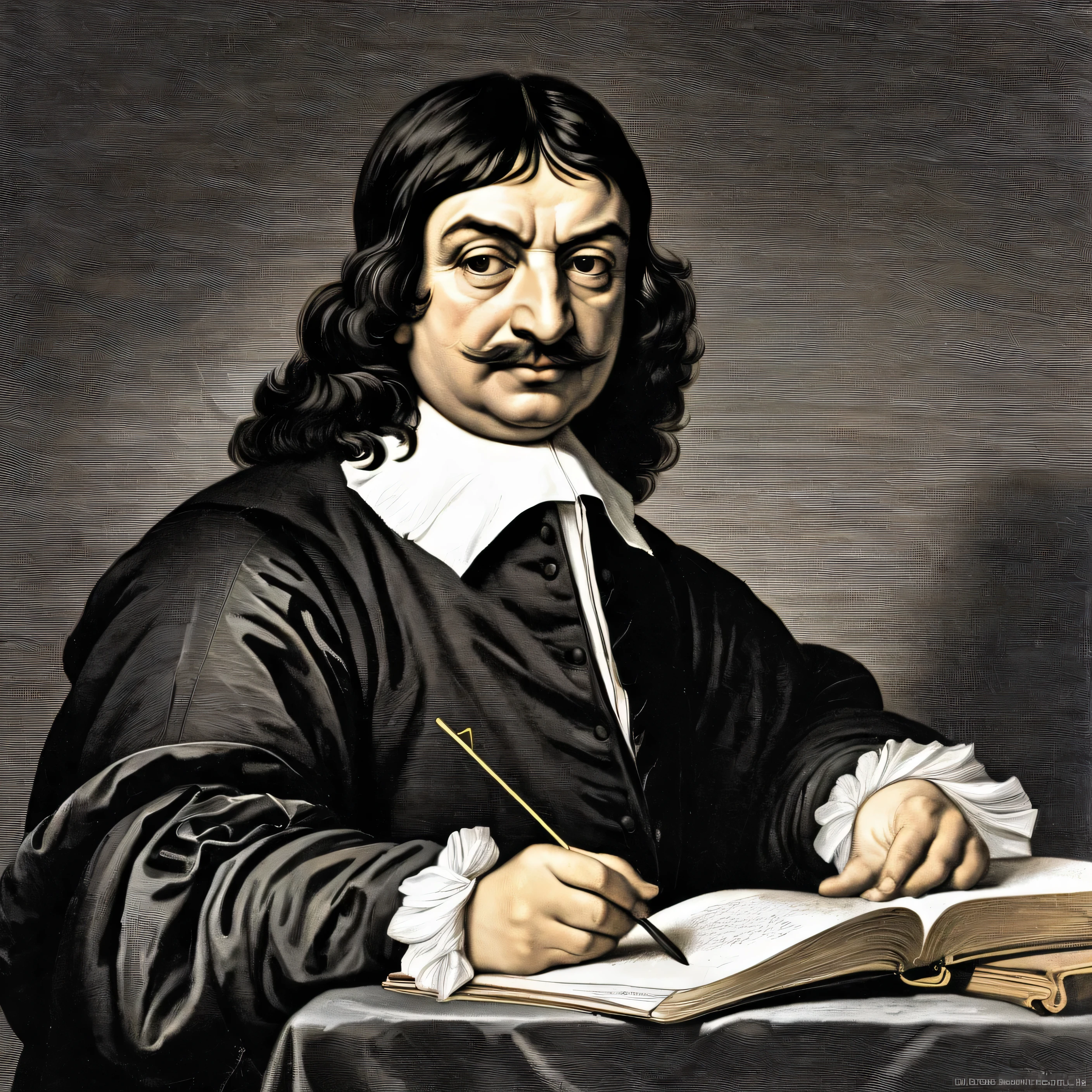 Descartes, sentado numa rocha . Anemometer to measure wind in hand