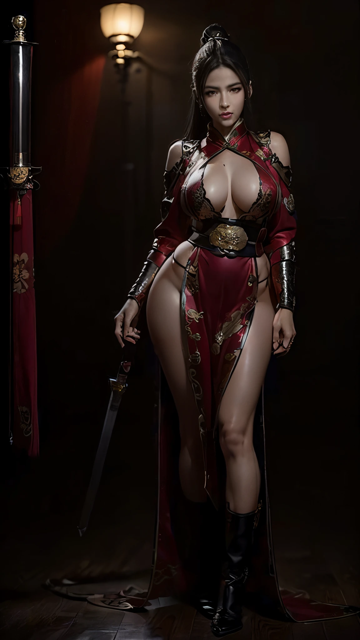 shuiyunji（Full body close-up of a woman in a red dress holding a sword）, Black and red reflective armor, Sharp silver armor and purple skin, from Descent 2, Black and red reflective armor, Lineage 2 style, female assassin, female rouge killer, warrior outfit, full body xianxia, Full body martial arts，high boots，black stockings，((8k+ultra high resolution+ultra high definition+masterpiece+detailed)),(perfect face+slim body+Delicate skin+high ponytail+huge breasts),[[[muscle]]],(((Anatomically correct))) ,