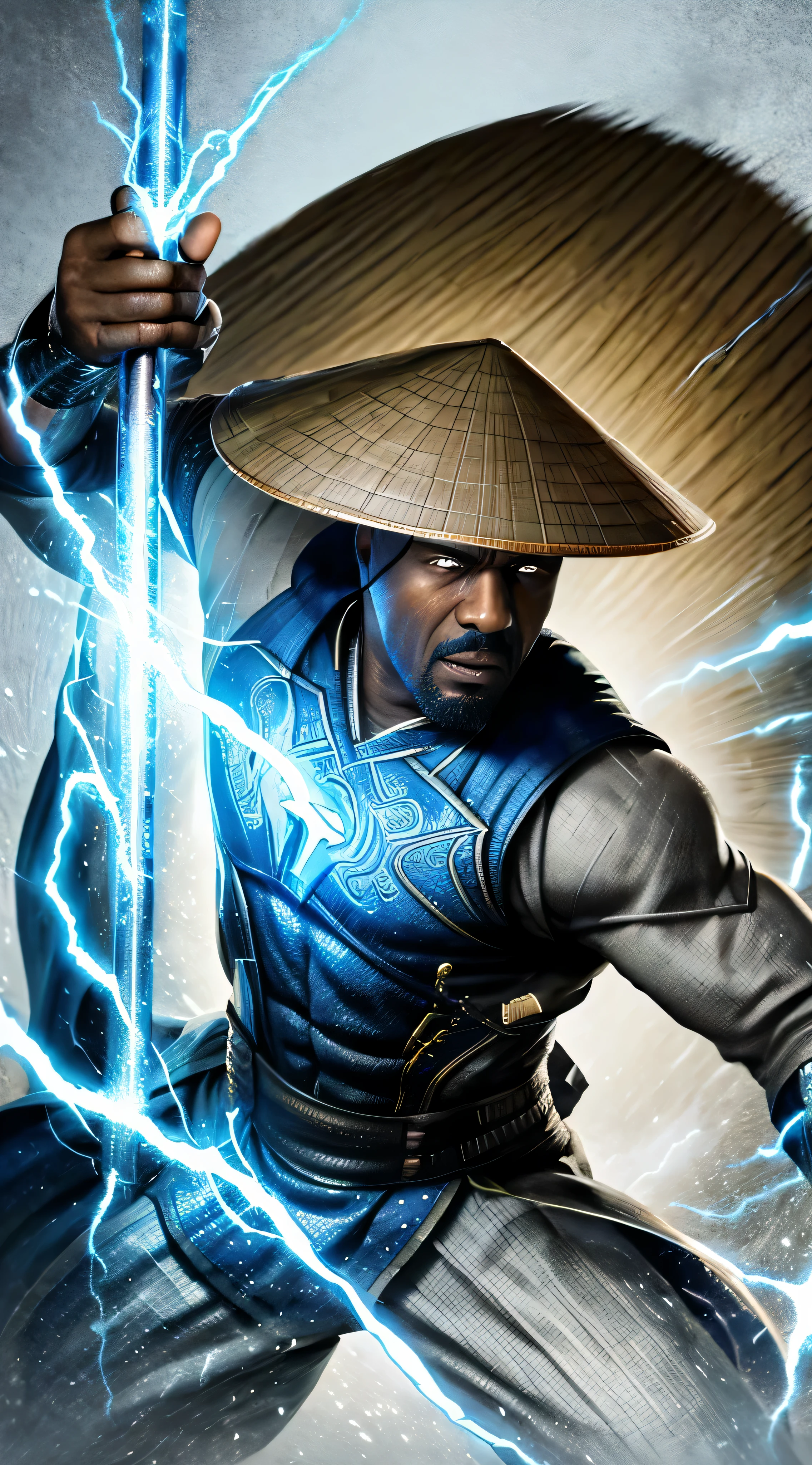 ator ((Idris Elba)) como Raiden, combate mortal, usa manto branco, A Vietnamese hat, Olhos azuis brilhantes, wields baton, God of thunder, protetor do Plano Terreno, intricado, Alto detalhe, sharp focus, dramatic, arte de pintura fotorrealista de Greg Rutkowski