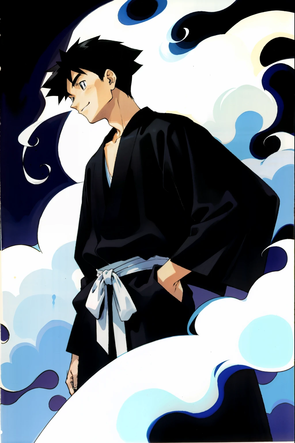 by Ken Sugimori, sugimori 1990s, ((only 1man)), black kimono, smiling, surrounded by ghostly wisps and fog, ((hands behind their back)), full black pupils, manga, best quality, highly detailed, clean lines, cowboy shot, good hands, good eyes, hd, 8k, professional, symmetrical, hires, 8k,
