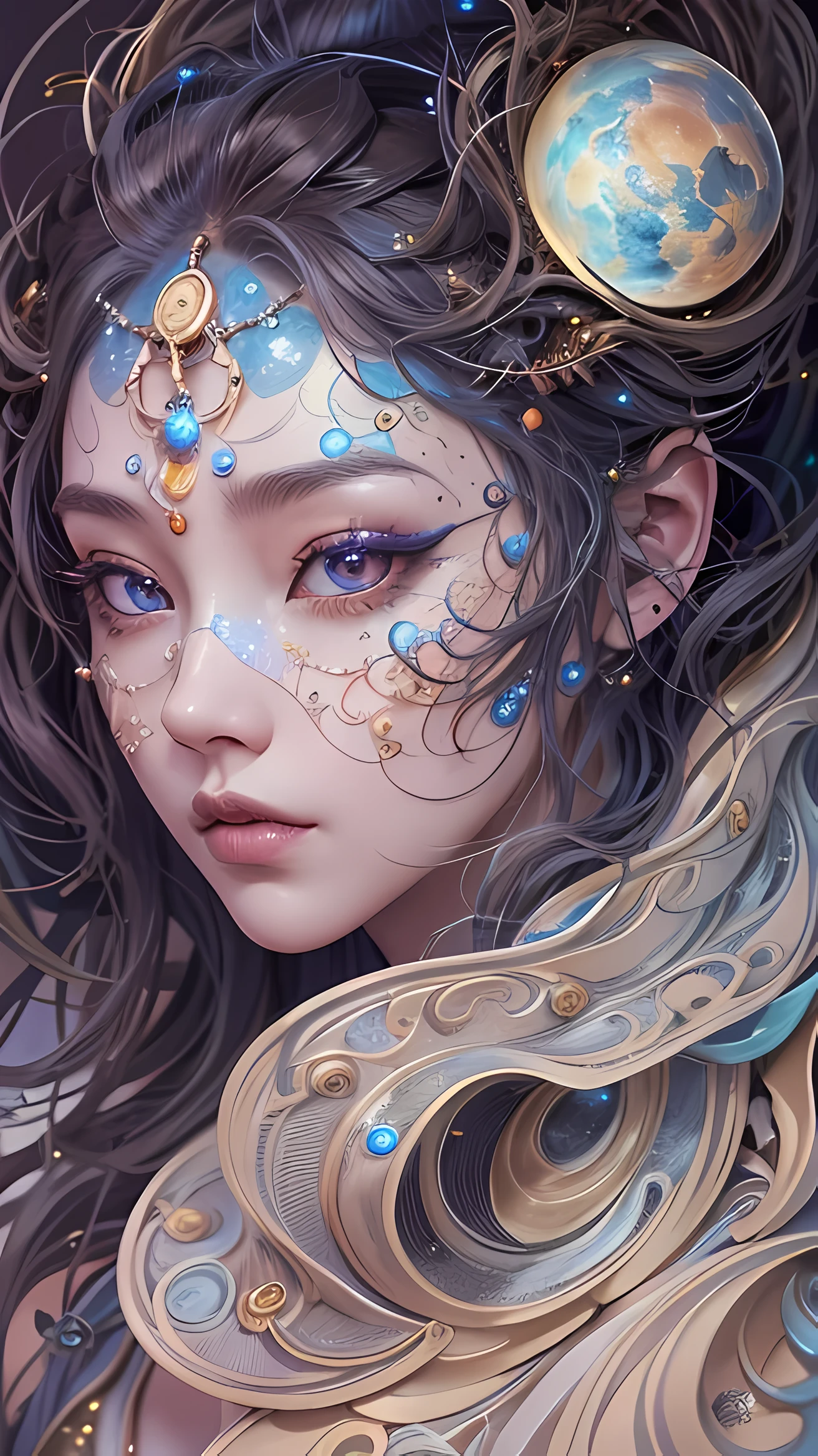 （best quality，super detailed，Best Best Illustration，best shadow，masterpiece，High resolution，professional artwork，famous artwork），细致的Eye，美丽的Eye，Close-up cleavage，Science fiction，Colored sclera，Eye，facial markings，tattoo is，（Fractal，FractalEye），大Eye，大Eye，（Eye焦点），surface focus，cosmic eye，space eye，Close-up of metal sculpture of woman with moon in hair，welcome。extremely high detail，3 d welcomes portrait，Extremely detailed footage of the welcomes，a stunning portrait of a welcomes，Side image of the welcomes，portrait of a beautiful welcomes，Full body close-up portrait of the welcomes，hecate welcomes，portrait of a norse moon welcomes，welcomes of space and time