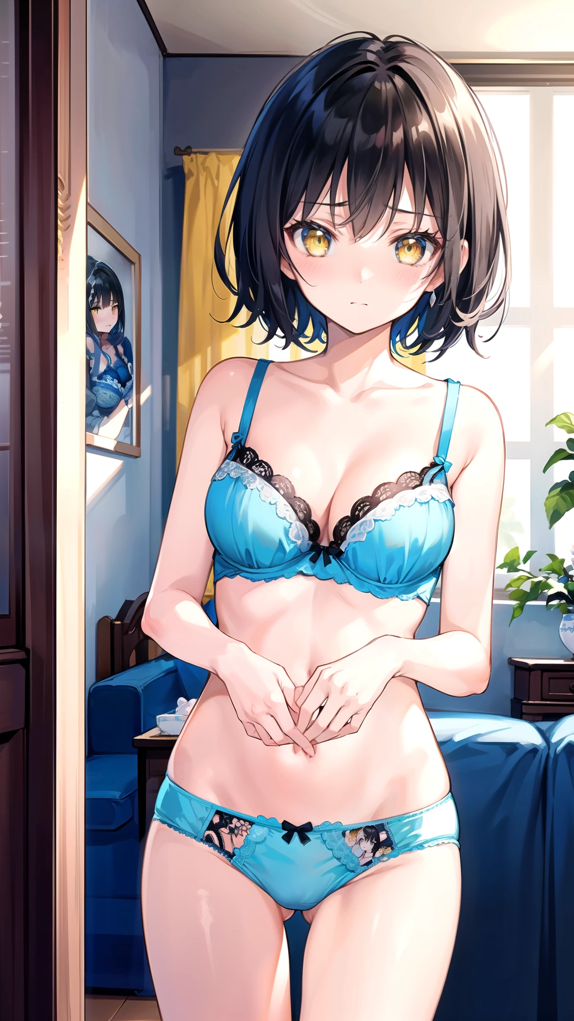 (masterpiece)、(highest quality)、(Super detailed)、(beautiful illustrations)、(pretty girl)、(Better fingers)、1 girl、black hair、short hair、yellow eyes、Are standing、facing forward、light blue lace bra、Light blue lace panties、inside the room、、embarrassed look、blush、