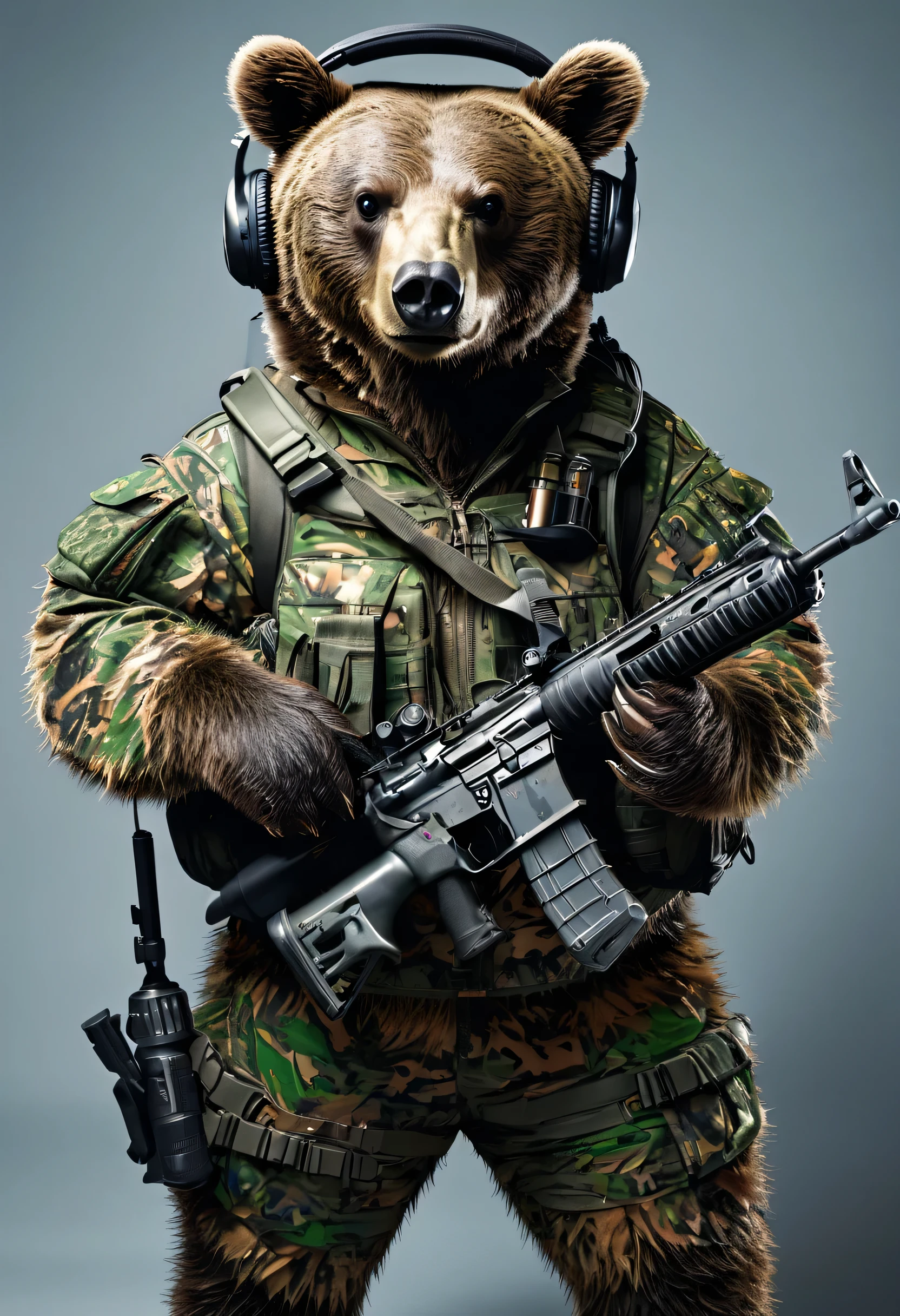 bear wearing camouflage pattern, Rifle in right hand、I have a flashlight in my left hand, wearing headphones
