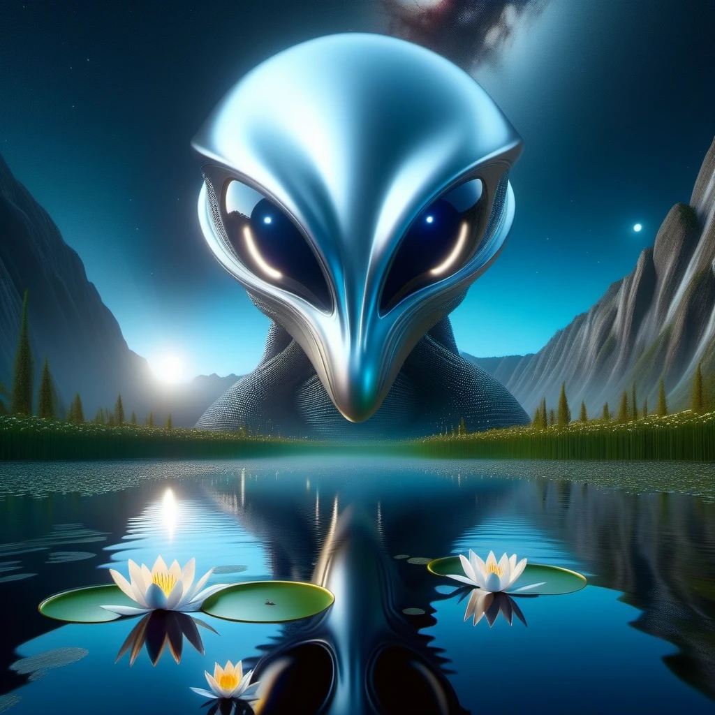 Surreal digital reflective art, moonlight cascading over a lake mirroring the scene above, colossal alien creature with eyes magnified beyond its head, skin gleaming with a mirrored sheen seated atop a lily pad, cosmic tableau captured within the vast pupils, lake's surface acting as a canvas for the entity's form and the stars, eyes and lake composition emphasized, cinematic volumetric lighting. High Resolution, High Quality, Masterpiece. best quality, masterpiece, super detail