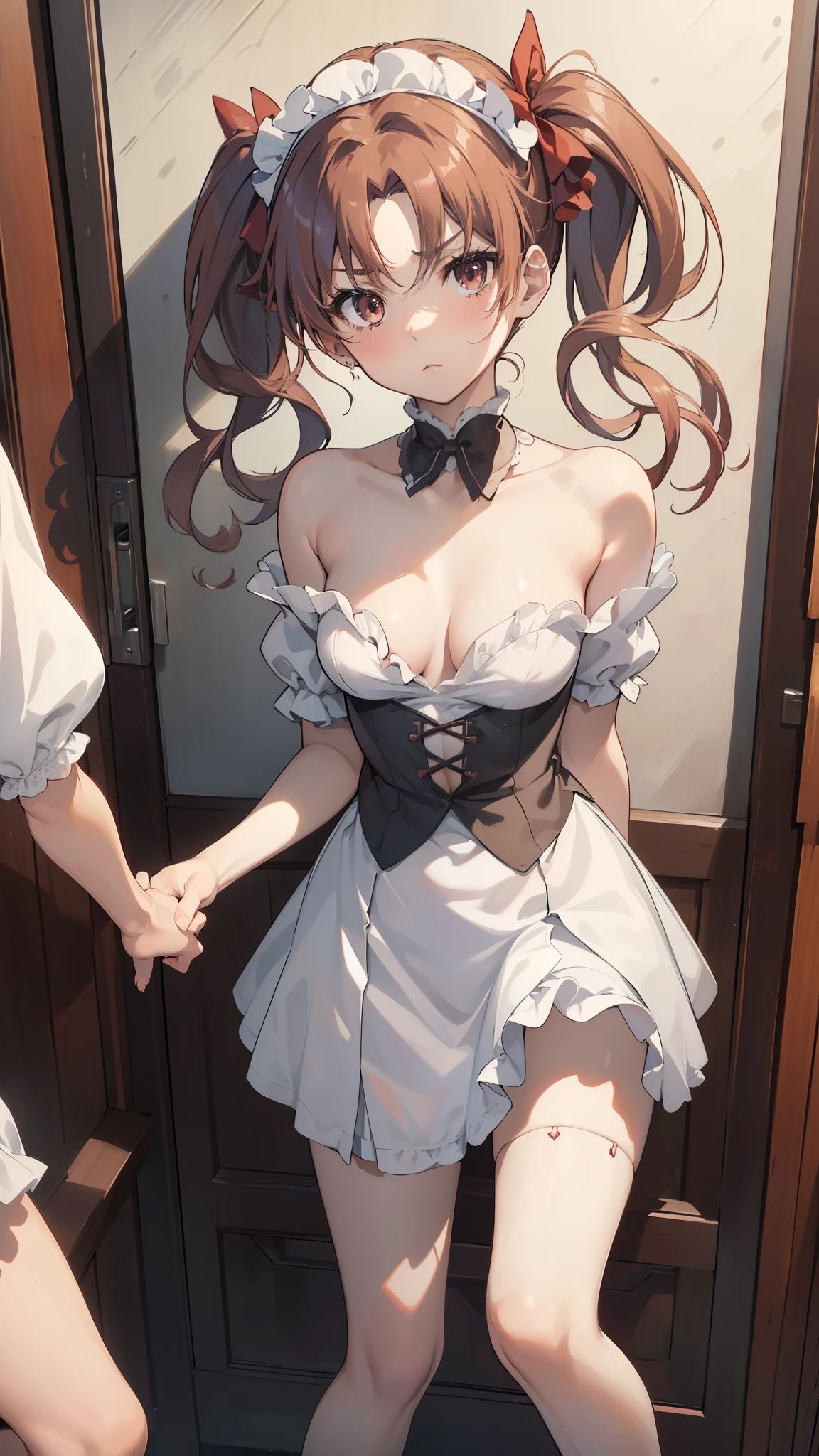 (highest quality, 8K, masterpiece, best image quality,  ultra hd, delicate and smooth skin, real looking skin, perfect and beautiful face ,perfect and cute face, high detail skin, perfect limbs、thin waist、thin legs)、NSFW、grumpy face、twin tails、brown hair、red ribbon、(Maid clothes)、locker room、