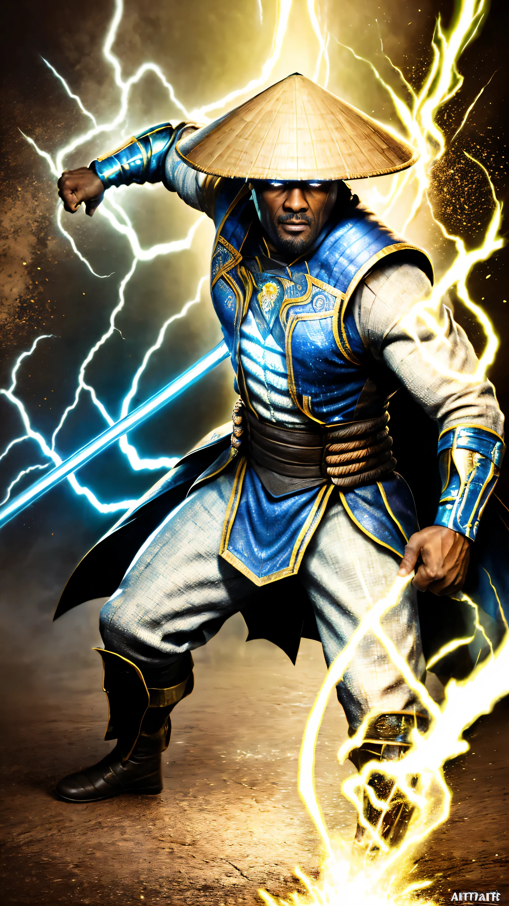 ator ((Idris Elba)) como Raiden, combate mortal, usa manto branco, A Vietnamese hat, Olhos azuis brilhantes, wields baton, God of thunder, protetor do Plano Terreno, intricado, Alto detalhe, sharp focus, dramatic, arte de pintura fotorrealista de Greg Rutkowski