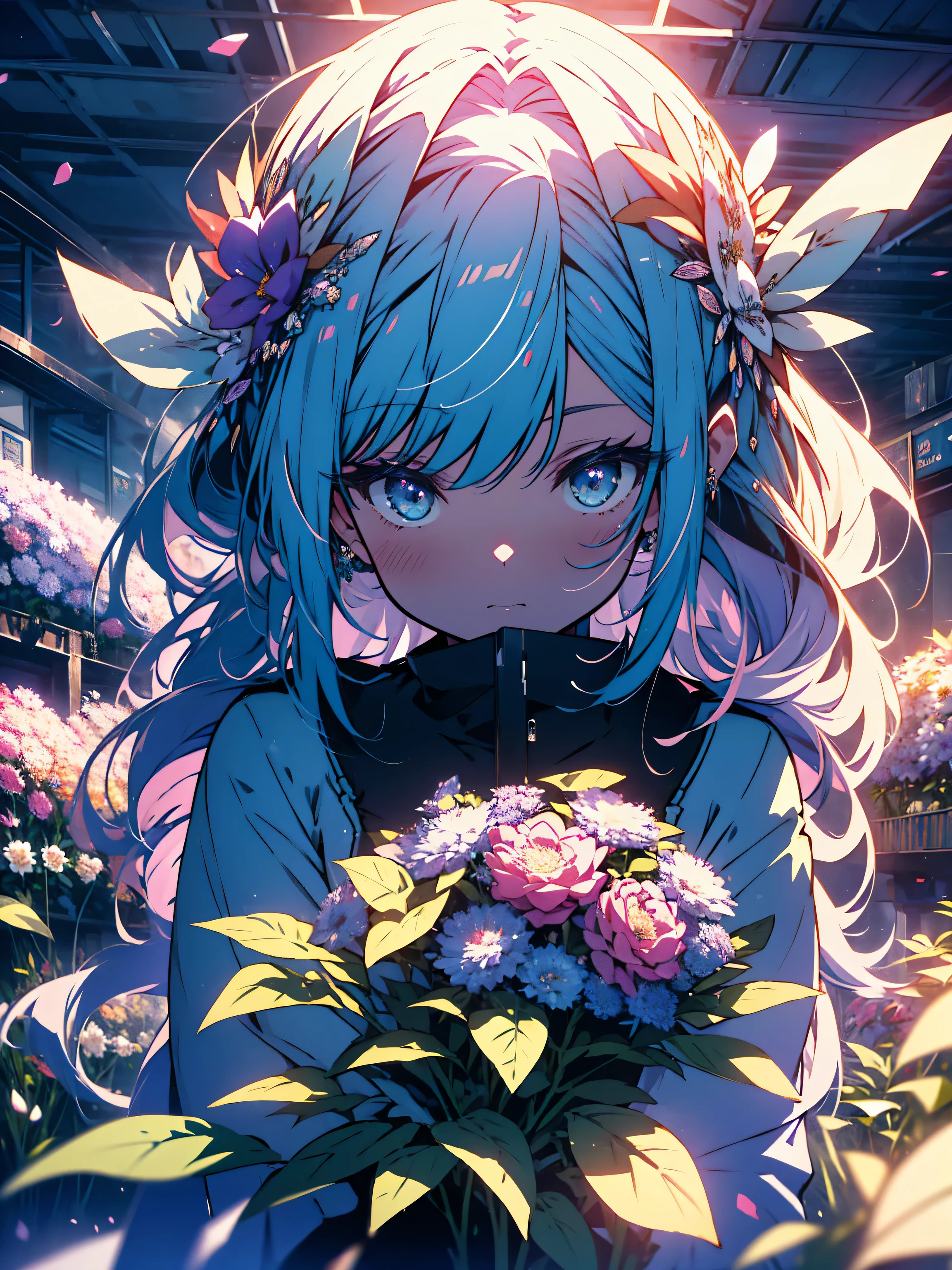 (very detailed anime、 8k wallpaper), lit, sea of flowers, flowers, (1 girl), Upper body, K-POPアイドル,colorful colors、bright atmosphere、beautiful anime、cute