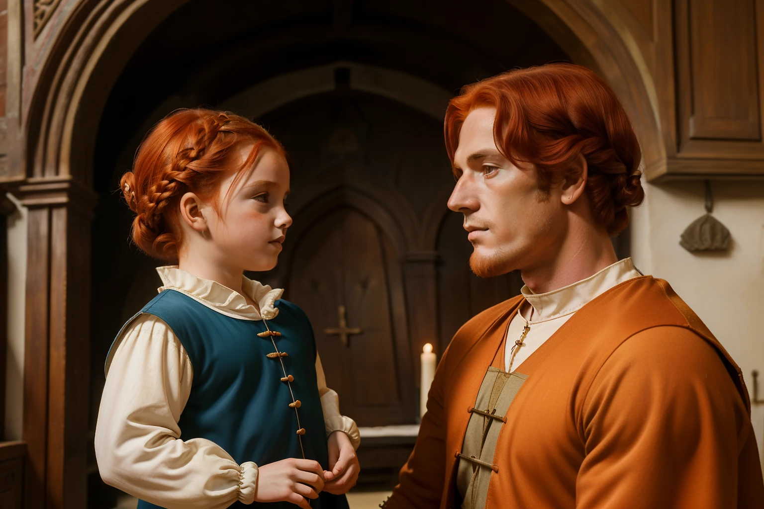 Italy, 1348. ((((32-year-old)) Merthin Fitzgerald)), handsome, athletic, in his italian mansion, with his ddler daughter. ((((clothings from the 1340s)))), ((redhead hairstyle of the 1340s))