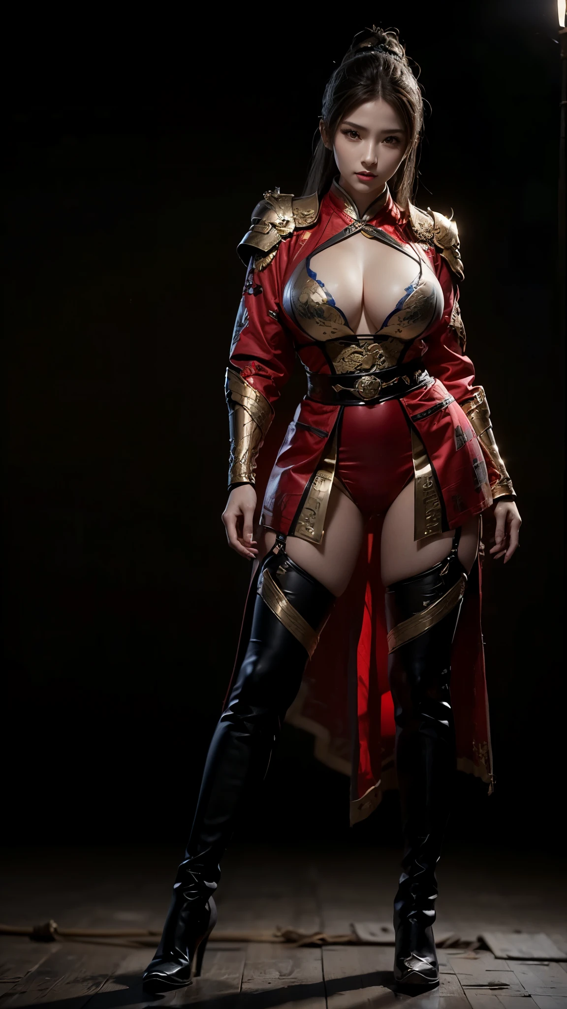 （Full body close-up of a woman wearing red armor）, Black and red reflective armor, Sharp silver armor and purple skin, from Descent 2, Black and red reflective armor, Lineage 2 style, female assassin, female rouge killer, warrior outfit, full body xianxia, Full body martial arts，high boots，pantyhose，((8k+ultra high resolution+ultra high definition+masterpiece+detailed)),(perfect face+slim body+Delicate skin+high ponytail+huge breasts),[[[muscle]]],(((Anatomically correct))) ,