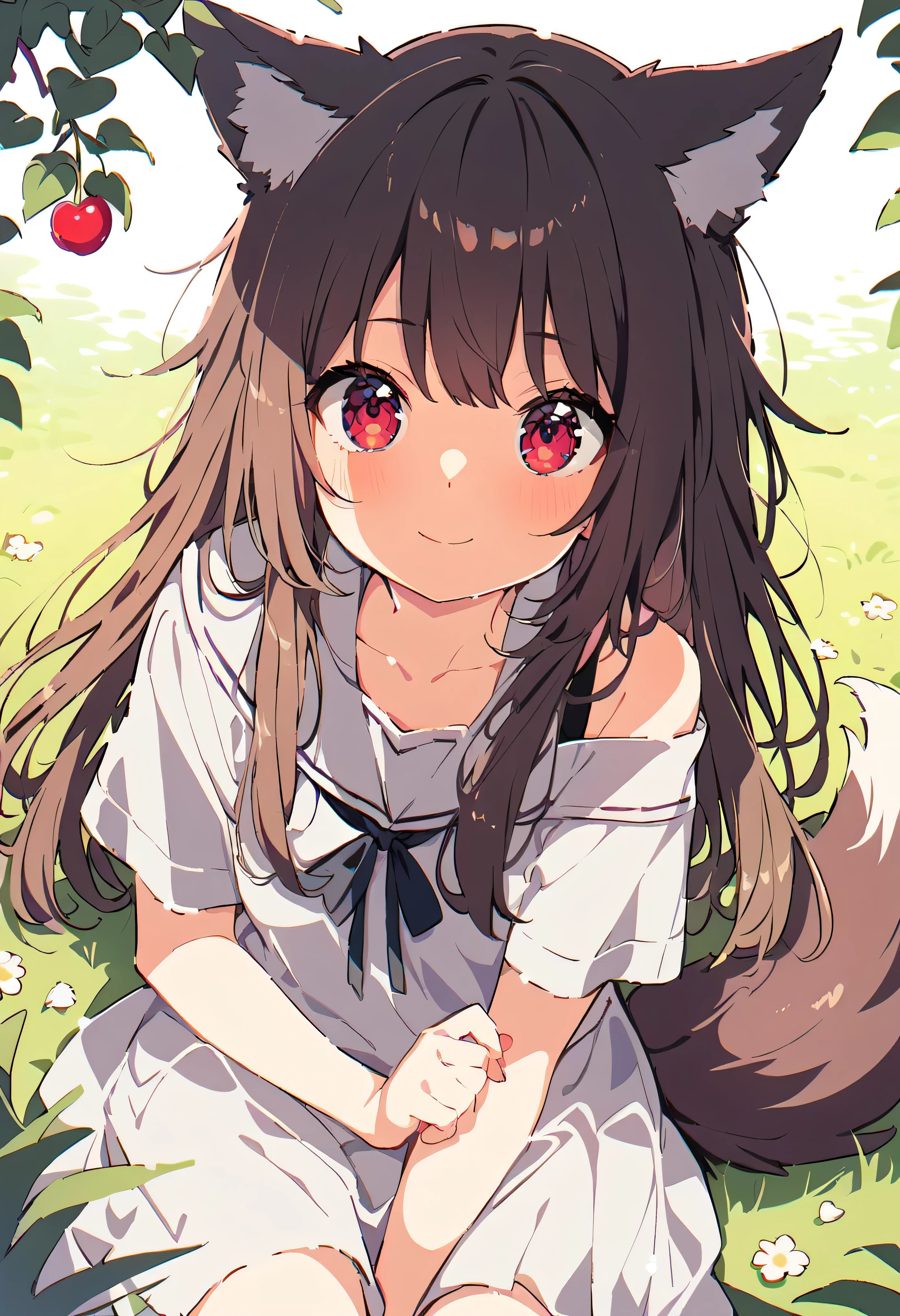 masterpiece,highest quality, 1 girl, alone, slight smile, slight smile, cherry, dappled sunlight, butterfly, grass animal ears,wolf ears,long hair, tail, wolf tail, red eyes, wolf girl,brown hair,,