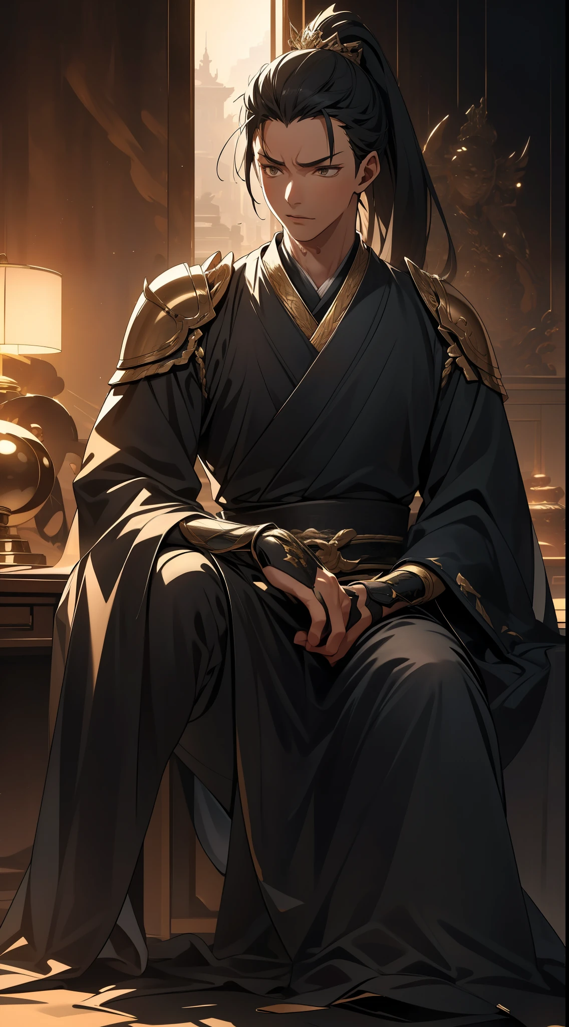 two-dimensional,anime style,one person(male warrior),Correct proportions,facial details,swordsman,High ponytail hairstyle,neck details,There is an Adam'apple,black and gold robe,joke,black and gold robe,clothing details,transfer,long sleeve,Game quality,fencing,Ray tracing,Ray tracing,Delicate glow,CG rendering,Hair details,long black and blonde hair,Black-gold eyes,Handsome,Handsome,(feeling of youth),Costumes are complicated,perfect composition,refine,high quality,More details,complex background,a sense of atmosphere,