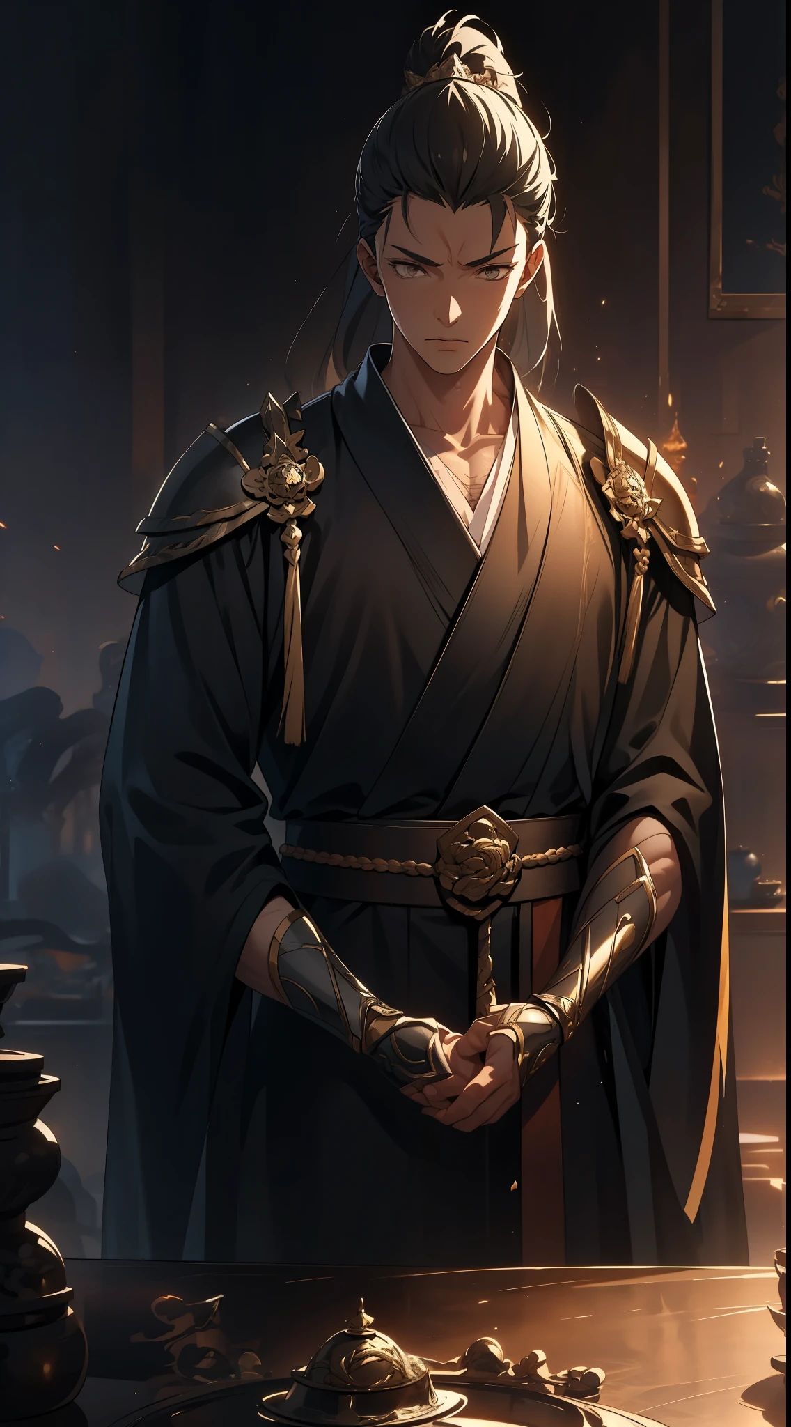 two-dimensional，anime style，one person（male warrior），Correct proportions，facial details，swordsman，High ponytail hairstyle，neck details，There is an Adam&#39;apple，black and gold robe，joke，black and gold robe，clothing details，transfer，long sleeve，Game quality，fencing，Ray tracing，Ray tracing，Delicate glow，CG rendering，Hair details，long black and blonde hair，Black-gold eyes，Handsome，Handsome，（feeling of youth），Costumes are complicated，perfect composition，refine，high quality，More details，complex background，a sense of atmosphere，