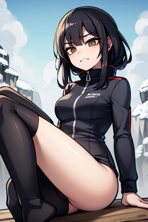 snow　mountain climbing　woman　black hair　heating clothes　a painful face　