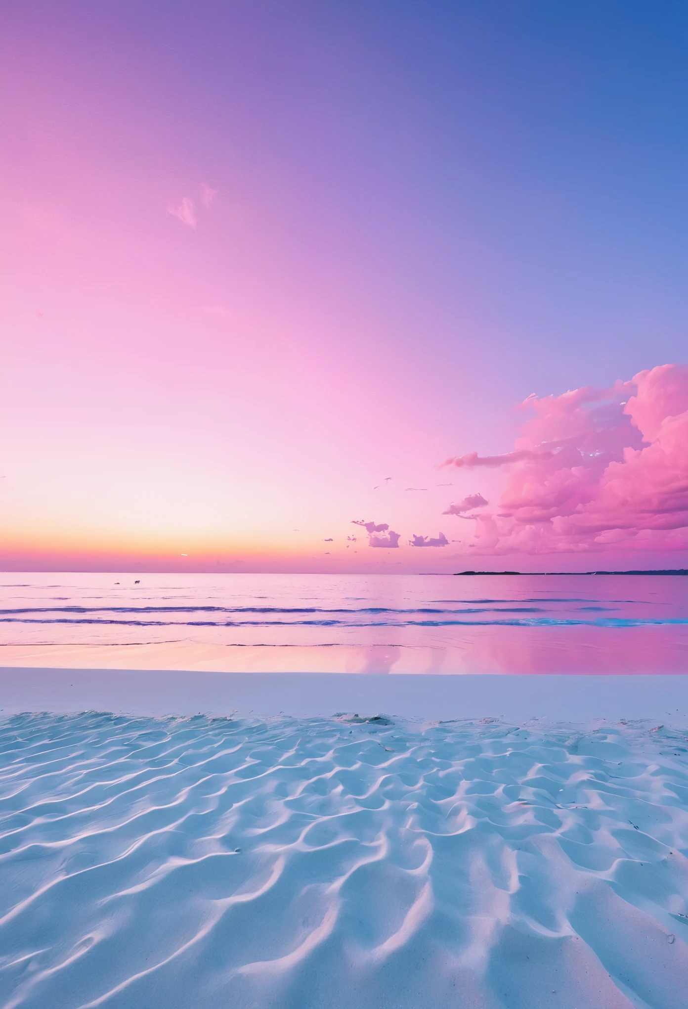 pink sky white beach clear blue sea