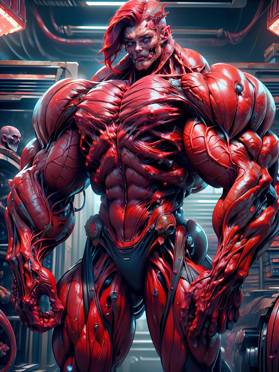 (1 girl), (megan fox:1.25), (long red hair), (carnage skinless physique:1.25), (1 super muscular undead skinless succubus with gigantic horns:1.25), (covered in red necrotic rotting skinless muscle:1.25), (exposed muscles & veins everywhere:1.25), (perfect fingers:1.25),(8k, RAW photo, photorealistic:1.25), dark horrific scary atmosphere, hellish landscape, Hellraiser like atmosphere,