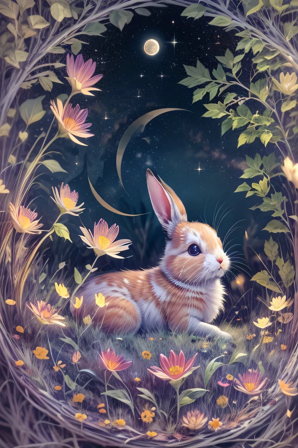 a moon,cute bunny,night,starry sky,(paper cut style,flowers,Fujiman),best quality,High resolution,intricate details,fantasy,Romantic,In this ultra-detailed CG art,