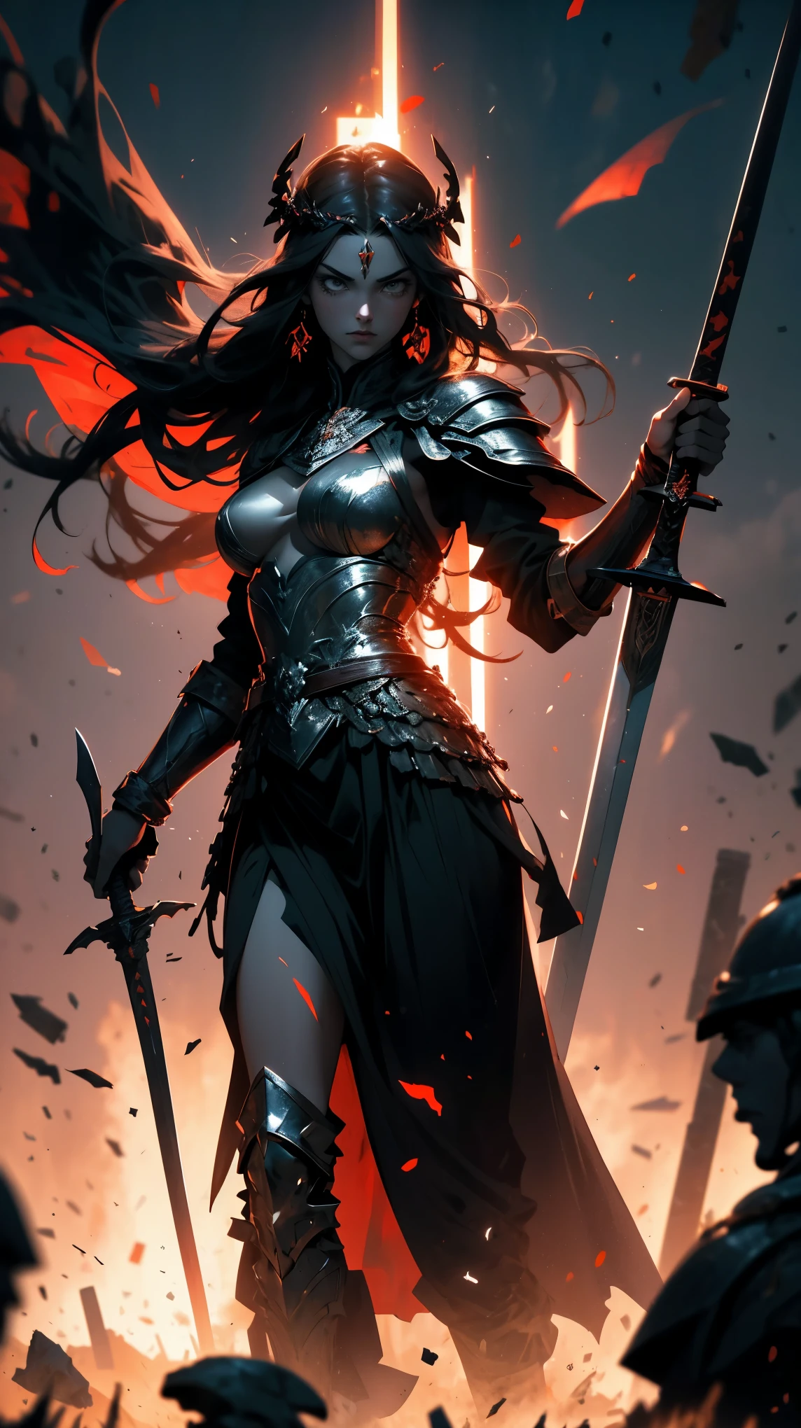 large silhouette of the goddess of war in the air with bloody sword in her hand, Best quality, masterpiece, super high resolution, (realism: 1.4), vast field, dead warriors bodies lying on the field, corpses, dark colors, gloomy, grim, foggy