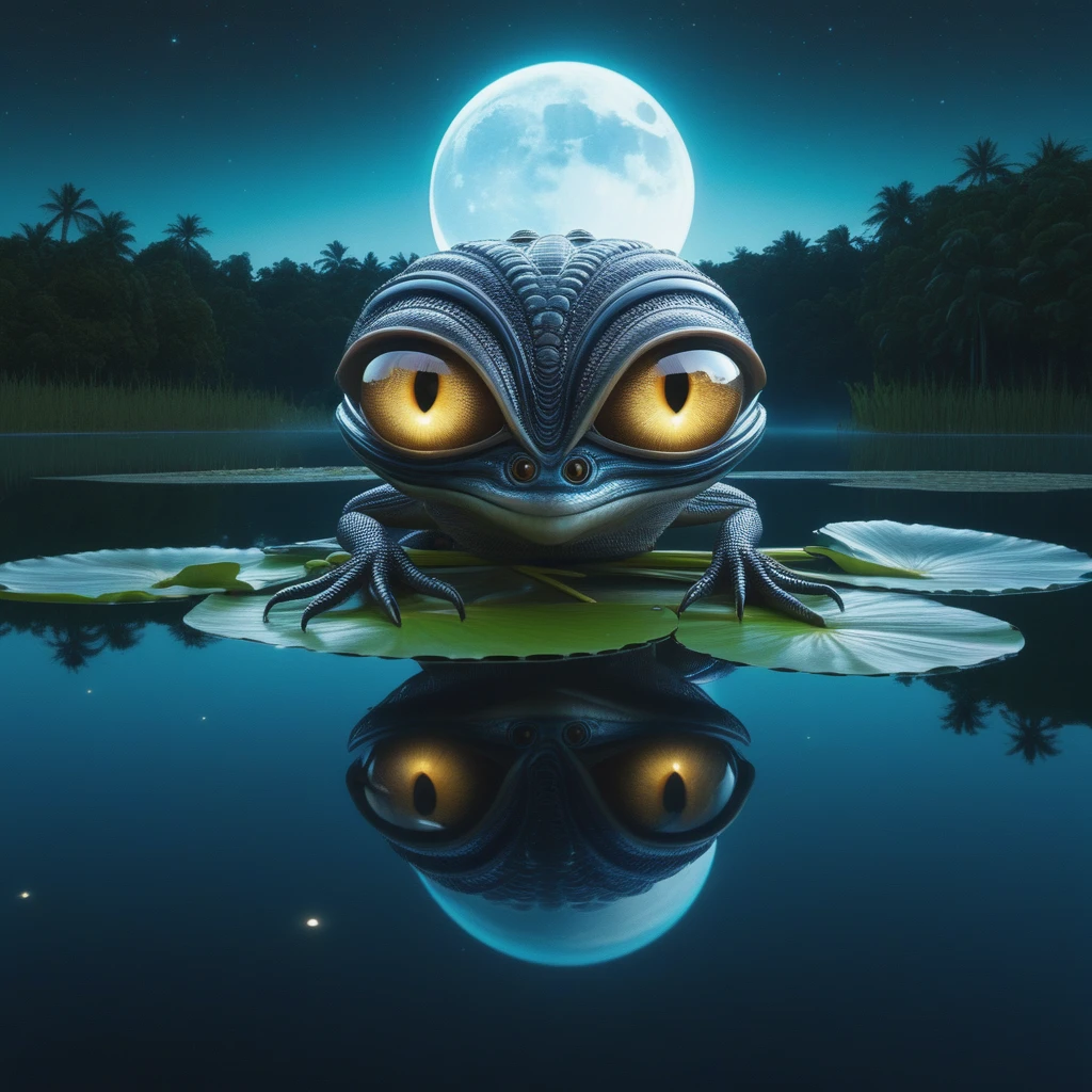 Surreal digital painting, moonlight bathing the reflective lake, alien creature with enormous eyes reflecting a cosmic landscape on its glossy skin while perched on a lily pad, lake's reflection amplifying the double reflexive exposure, Greg Rutkowski style, sharp focus, intricate details, highly detailed, rendered in Unreal Engine , with the caliber of 8k artistic photography. High Resolution, High Quality, Masterpiece. best quality, masterpiece, super detail
