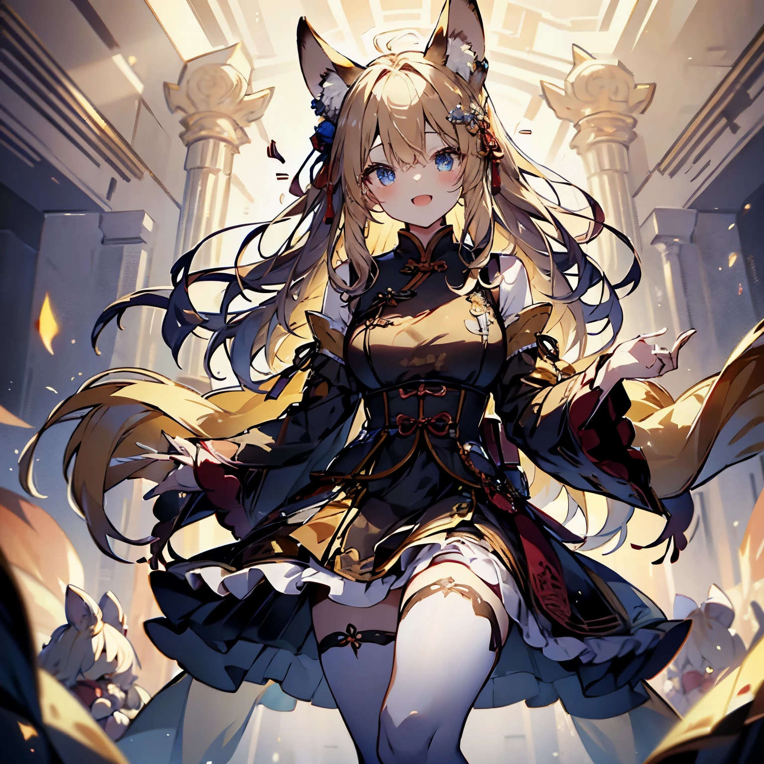 masterpiece: 1.6, highest quality: 1.4, intricate details: 1.2, Hand-painted Q version image，alone, (blonde), long hair, French braided long curly hair is cute，amount: 2.5, fox ears, fox tail: 4, deep blue eyes, bright eyes, big breasts, exposed thighs:1.7, Cute Chinese style tutu skirt with red celebration, short skirt，Pouch: 2.5, full body shot: 5, multiple views, front,arms behind 戻る, ~ side, (Character setting material collection, Same character in different poses:3, personality reversal: 1.5, multiple views), light blush，Big eyes and small mouth，light blush，anger，Laughter