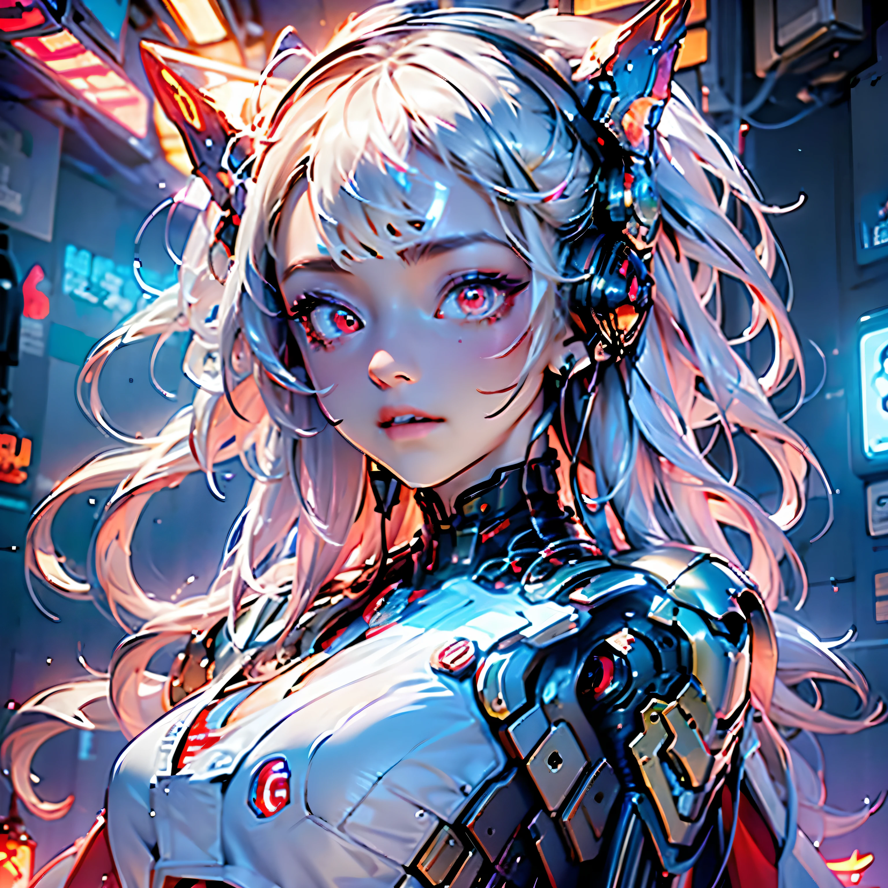 (masterpiece, best quality:1.3),extremely high detailed, intricate, 8k, HDR, wallpaper, cinematic lighting, (universe), fighting, glowing, armor, 1girl, beautiful face, red eyes, glowing eyes, mecha, white robe, large wings,