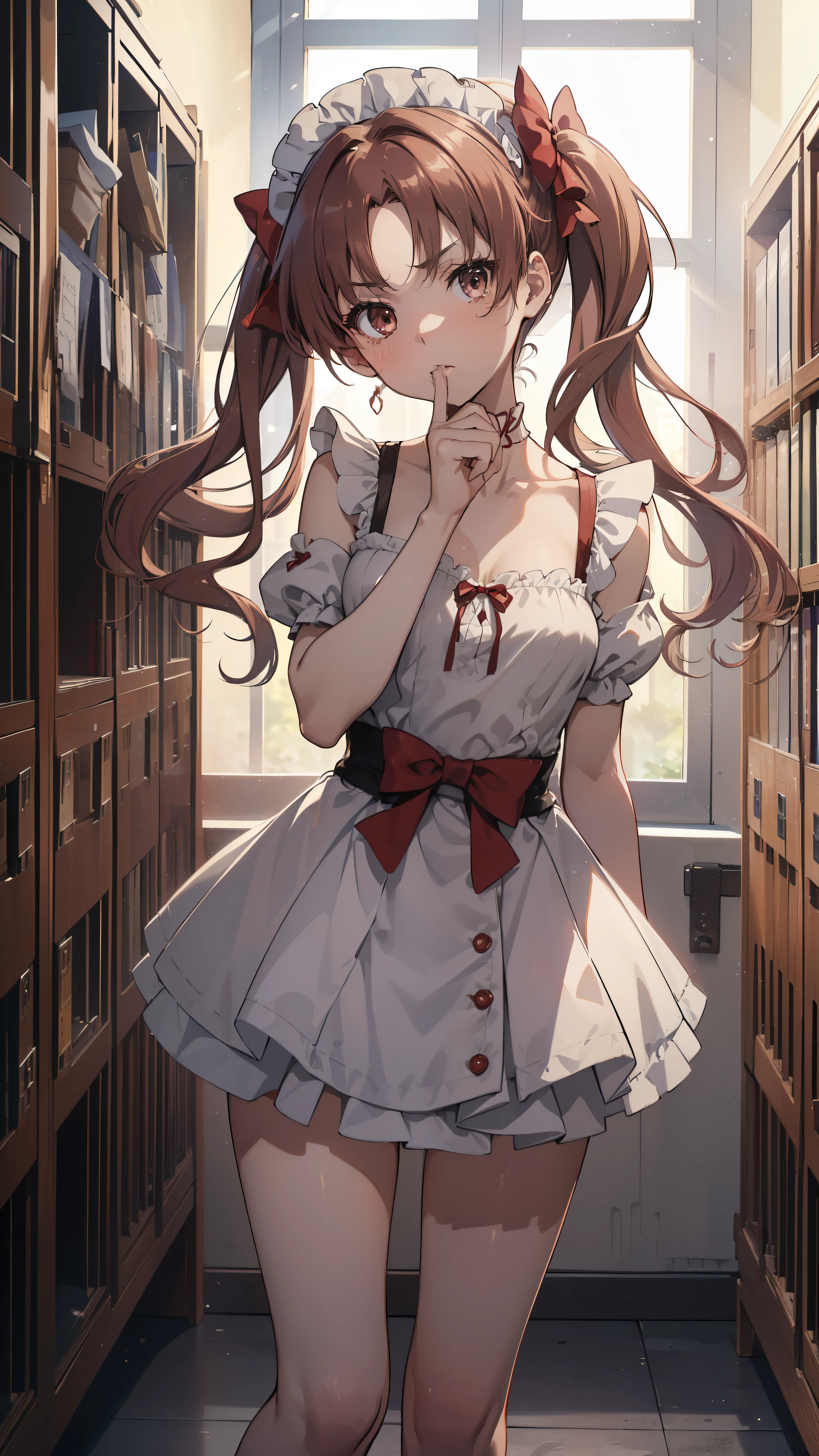 (highest quality, 8K, masterpiece, best image quality,  ultra hd, delicate and smooth skin, real looking skin, perfect and beautiful face ,perfect and cute face, high detail skin, perfect limbs、thin waist、thin legs)、NSFW、grumpy face、twin tails、brown hair、red ribbon、(Maid clothes)、locker room、