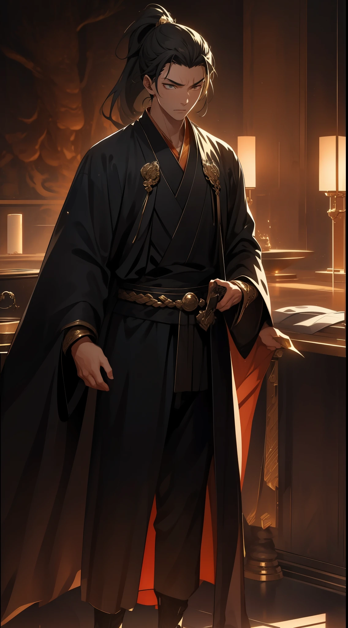 two-dimensional,anime style,one person(male warrior),Correct proportions,facial details,swordsman,High ponytail hairstyle,neck details,There is an Adam'apple,black and gold robe,joke,black and gold robe,clothing details,transfer,long sleeve,Game quality,fencing,Ray tracing,Ray tracing,Delicate glow,CG rendering,Hair details,long black and blonde hair,Black-gold eyes,Handsome,Handsome,(feeling of youth),Costumes are complicated,perfect composition,refine,high quality,More details,complex background,a sense of atmosphere,