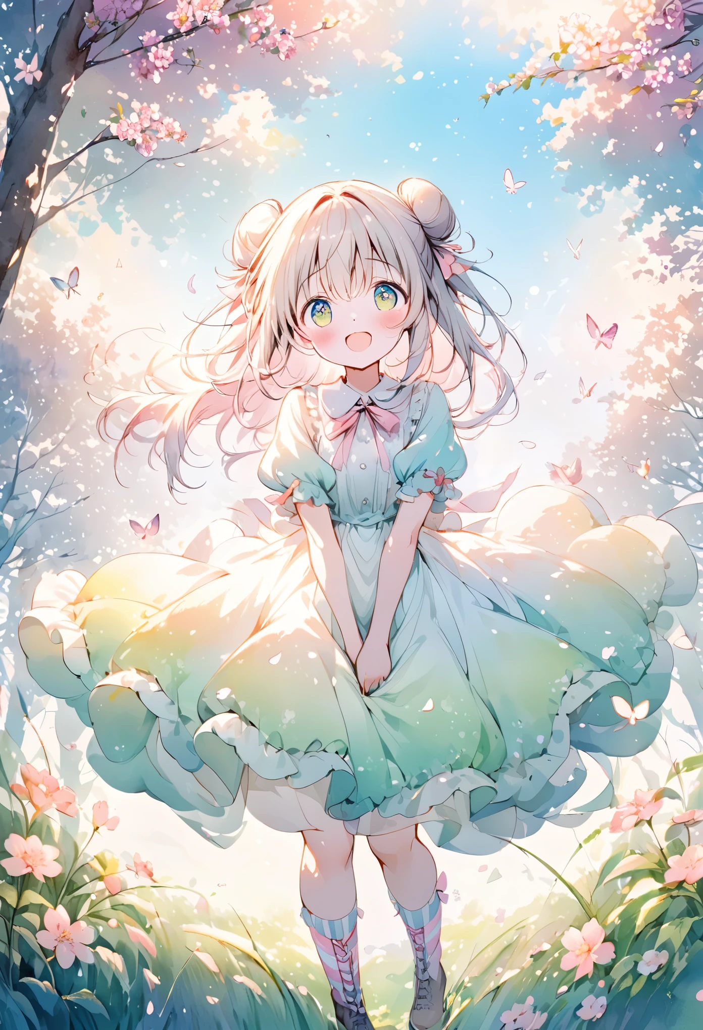 cute anime girl,big bright eyes,blush,playful expression,Light-colored hair,Two buns,pink bow,cute clothes,frilly dress,Big puff sleeves,fancy ribbon,ponytail,striped socks,lace up boots,in a blooming garden,with vibrant flowers,flying butterflies,soft green grass,bright blue sky,Soft sunlight pours down through the trees,ethereal light,traditional watercolor style,warm pastel color palette,soft strokes,Faint scent of cherry blossom petals,Sophisticated and dreamy atmosphere,work,Light and airy feel