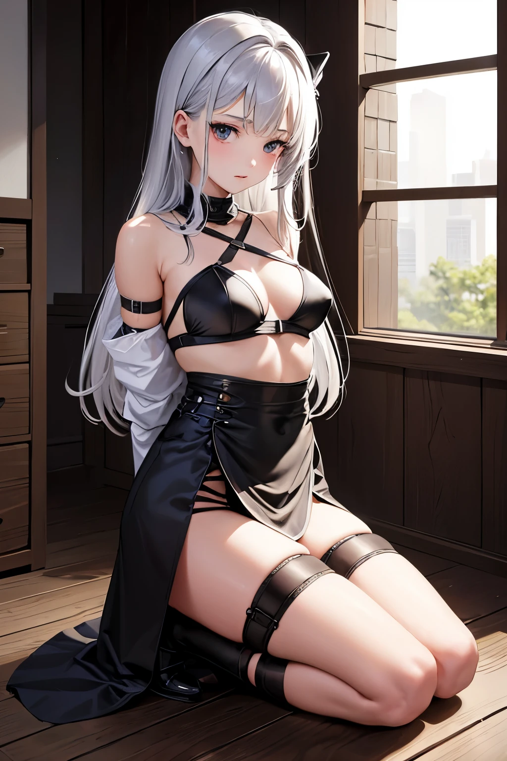((high quality、masterpiece、detailed、normal body、5This finger、Precise、delicate))、beautiful girl ninja((petite、slender、150cm、C cup、silver hair、arms behind one's back))、white mesh tops、ripped mesh topesh skirt、Subtly erotic、capture(((captured ninja、tied up ninja、full body bondage、bondage with rope、restraint、kneel、hands tied behind the back、gagged with cloth、iron collar)))