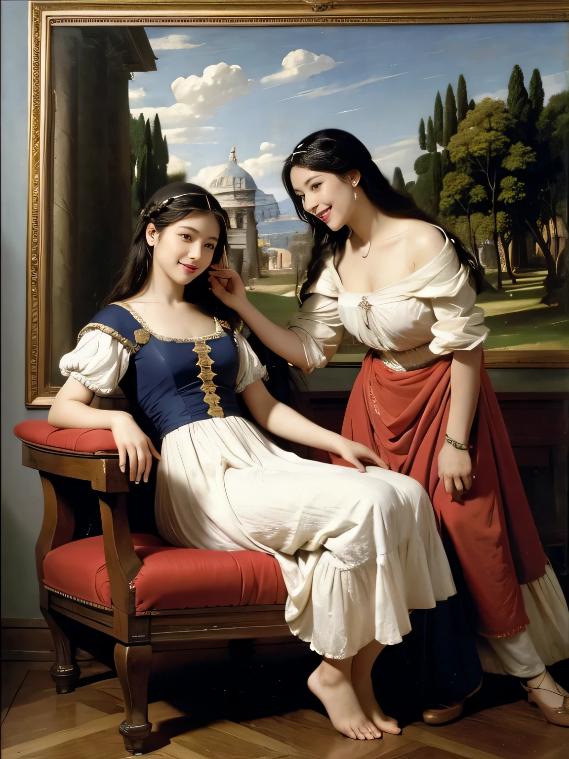 Giorgione's painting style,Discussion between two female philosophers,math、astronomical machine、astronaut、roses in vase、fruit、Cute trinkets、smile、ancient greek costume、Ancient Roman landscape in the style of Nicolas Poussin,laughter,,sweet and seductive appearance.、caravaggio painting、Caravaggio's chiaroscuro、My hair was messed up by the wind,two women having fun,cute smile, expression of ecstasy,sexy,erotic