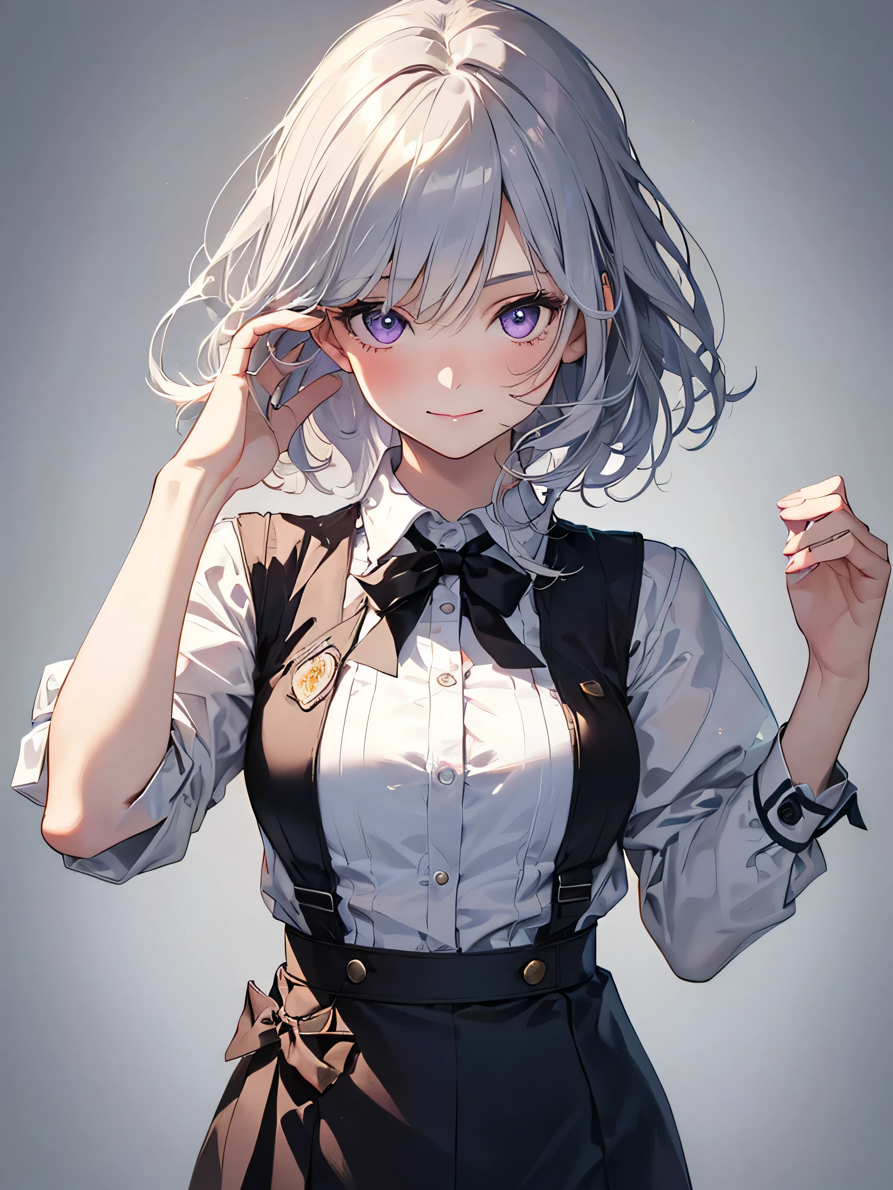 1 girl,beautiful vintage colors, Instagram (photorealistic, High resolution:1.4), ((puffy eyes)), looking at the viewer, , full body (8K, Raw photo, highest quality, masterpiece:1.2), (realistic, photo-realistic:1.37),(sharp focus:1.2), professional lighting, photon mapping, radio city, Physically based rendering, (pale skin:1.2),(small breasts:1.2), looking at the viewer, (middle hair:1.5), portrait, purple eyes, (silver hair:1.1),bangs, (simple background:1.4), alone, Upper body, realistic,(masterpiece:1.4),(highest quality:1.4),(shiny skin),robber girl,compensate,smile(skinny,closed mouth,shy :1.3) ,(Are standing,black stewardess uniform,necromancer:1.1),medium bust,sexy pose ,