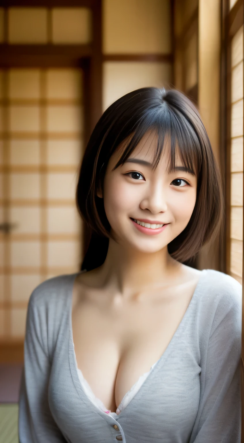 masterpiece,best quality,(Japanese ),((Beautiful girl)),cleavage,indoor,(perfect body beauty:1.2),(shy smile),beautiful teeth,