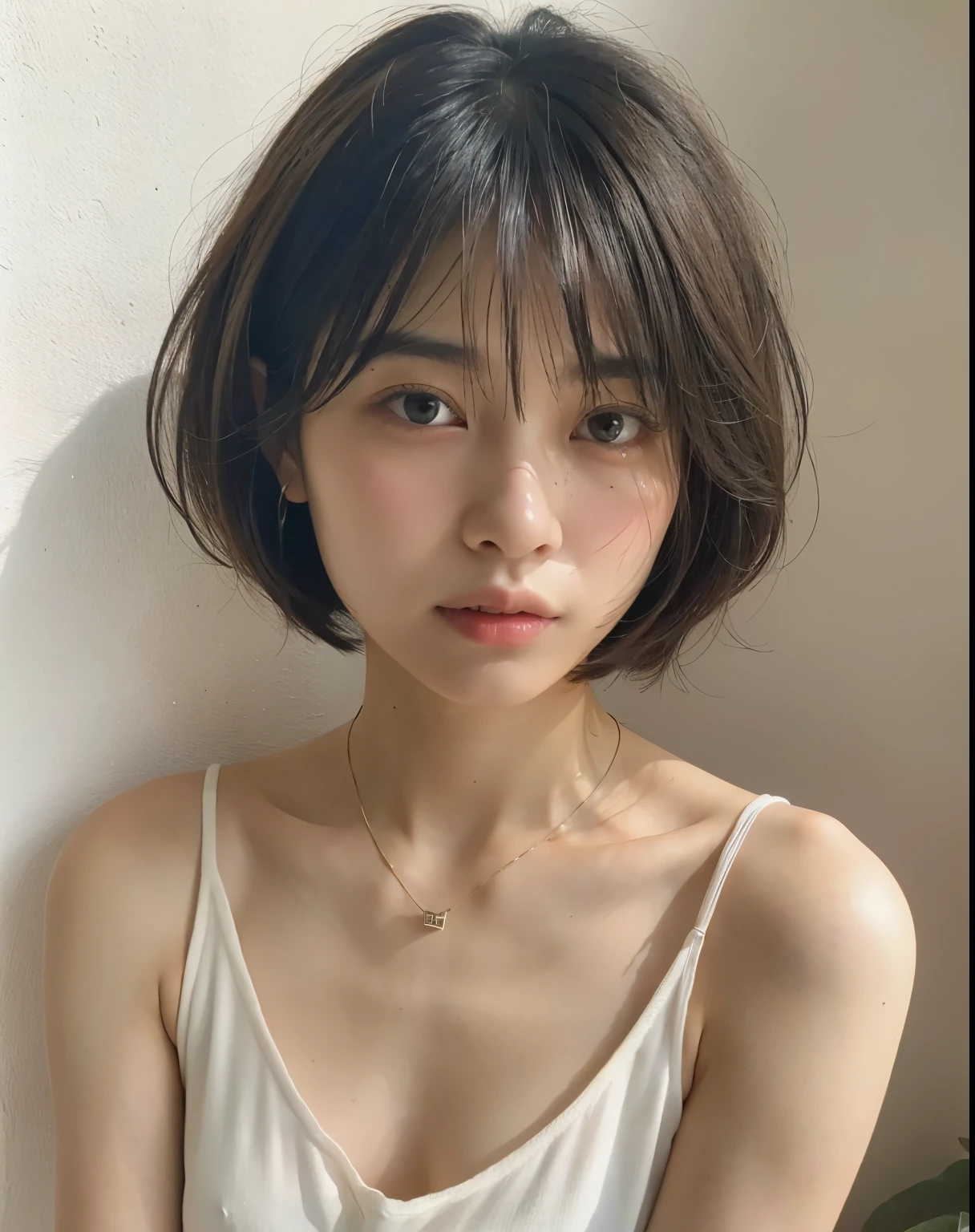 (very realistic photo, concentrated、High resolution, detailed face, fine eyes), ((Taken in front of a white wall))、japanese woman, 20-year-old, various expressions, Upper body、alone:1, slim body shape, various hairstyles,black sheer tops、Only one person is in the photo、Photographed in natural light、simple necklace、bob hair、shortcut、looking at the camera
