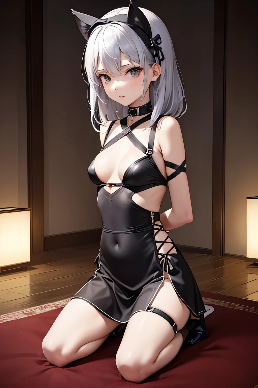 （（high quality、masterpiece、detailed、normal body、５This finger、Precise、delicate））、beautiful girl ninja（（petite、slender、150cm、C cup、silver hair、arms behind one&#39;s back））、white mesh tops、ripped mesh topesh bottoms、Subtly erotic、capture（（（captured ninja、tied up ninja、full body bondage、bondage with rope、restraint、kneel、hands tied behind the back、gagged with cloth、iron collar）））