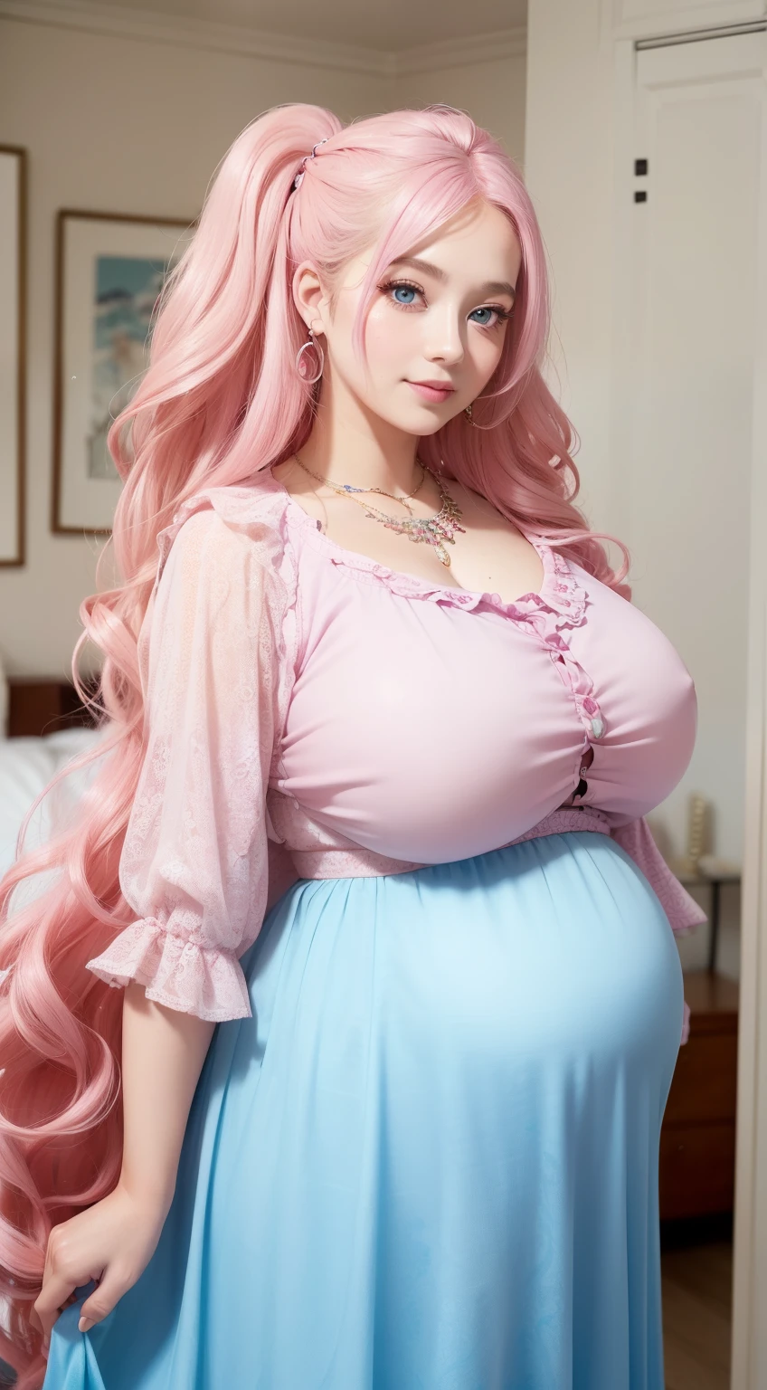 woman((30year old)), (huge pregnant),hair ((pink, wavy)), eyes((blue, big eyes)), ((pattern, blouse, long skirt)), accessories ((hairpin, necklace)), big , classic house((bedroom)), korean make-up look, smiling, standing,
