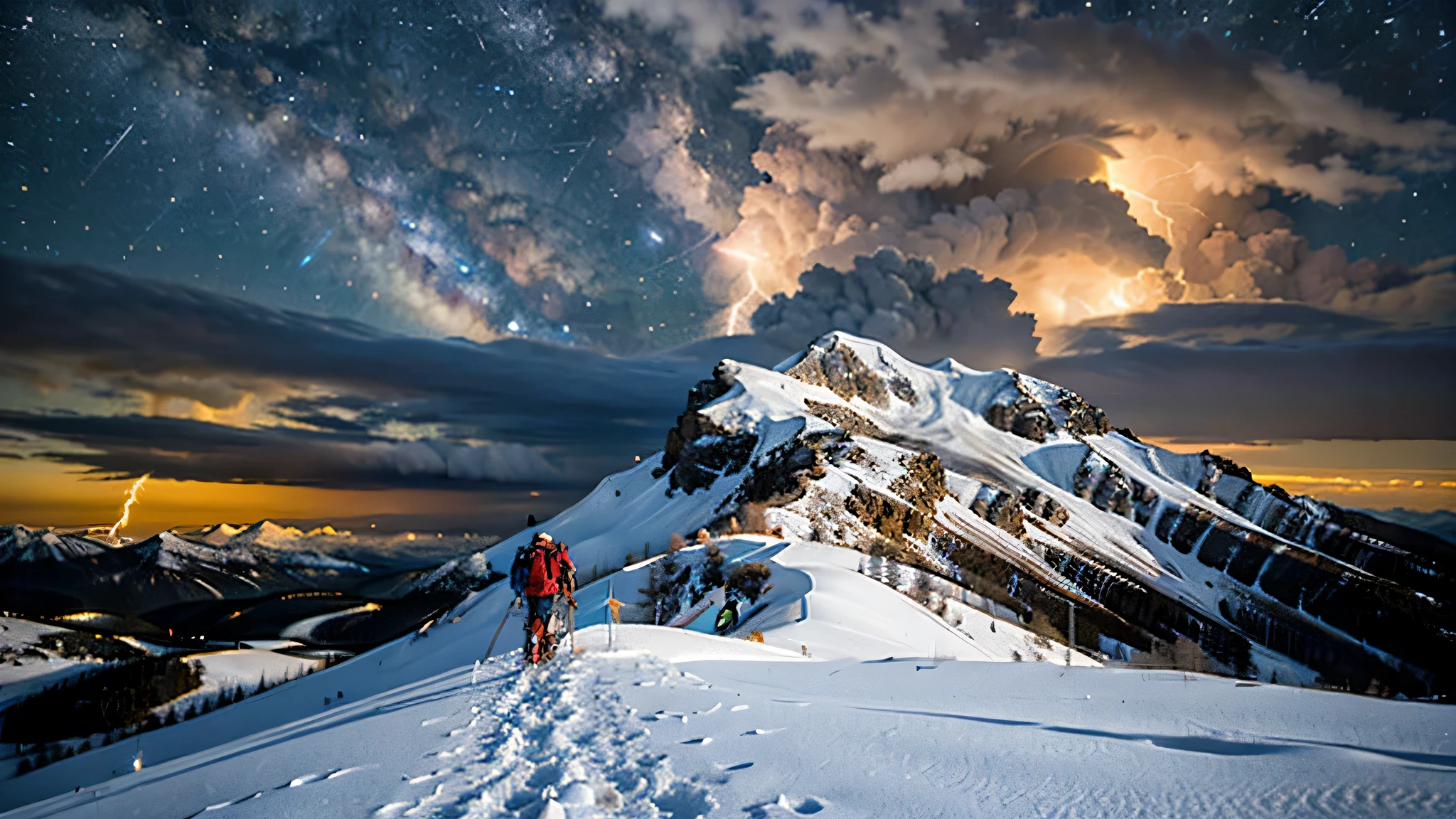 snow-capped mountains, with a starry sky and two mountain climbers Sound from behind ready to climb the mountain Orange lightning strikes the top of the mountain