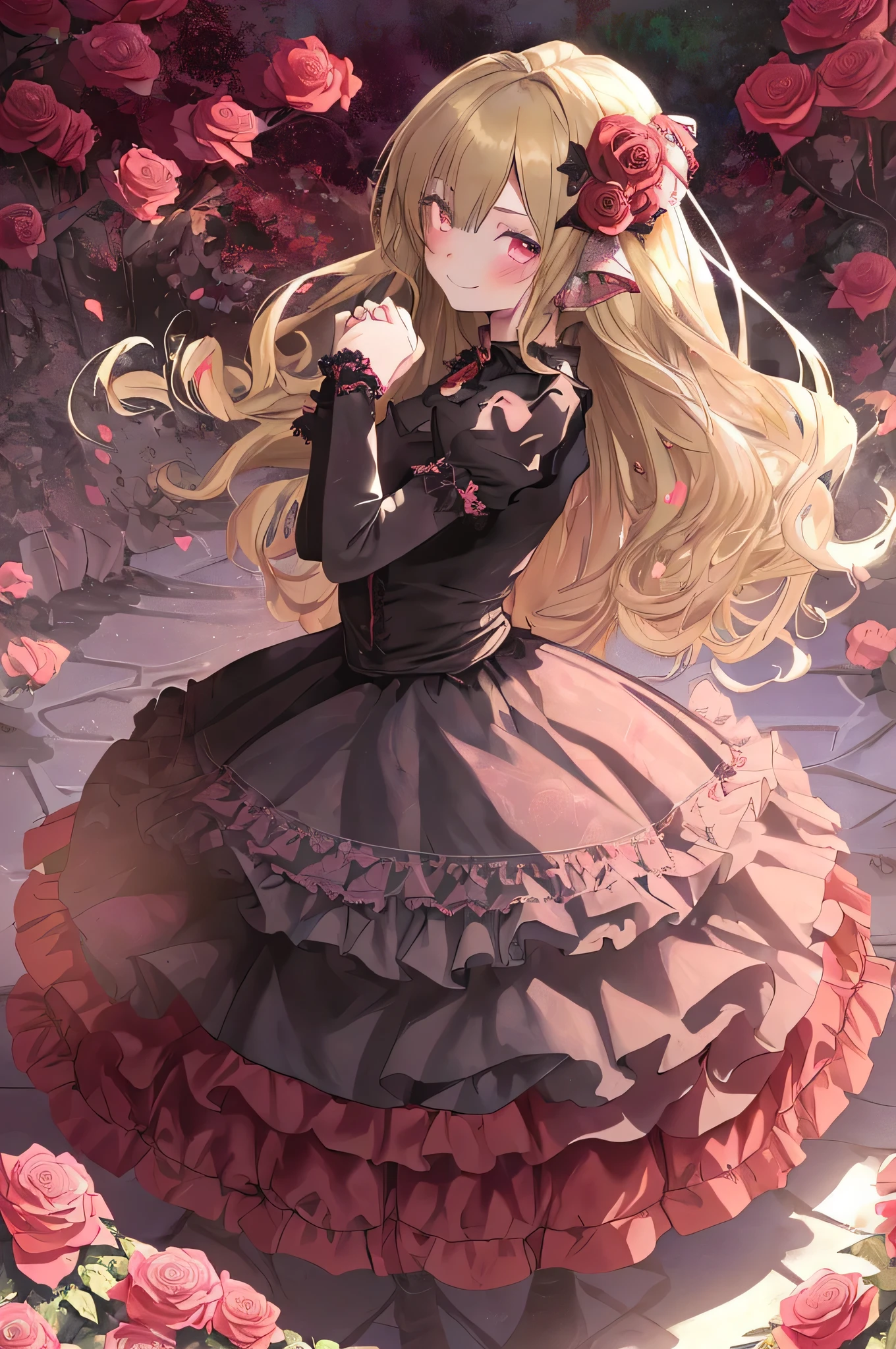 ((masterpiece)), (anime:1.5), ((highest quality)), (Raw photo: 1.2), (professional photography:1.2), full body, 8K, From the side, wide shot, (), ((1 girl)), rough skin, cinematic lighting, 1 girl, ((beautiful goth dress)), (very hoop dress), gorgeous rose embroidery, cute innocent young girl, ((hair above one eye)), Slender with medium bust, (long silky blonde hair), (gothic remake), beautiful hair, smile, (blush), particles of light, ((Lift up the skirt with one hand'hand)), in a beautiful fantasy garden, (red rose garden)