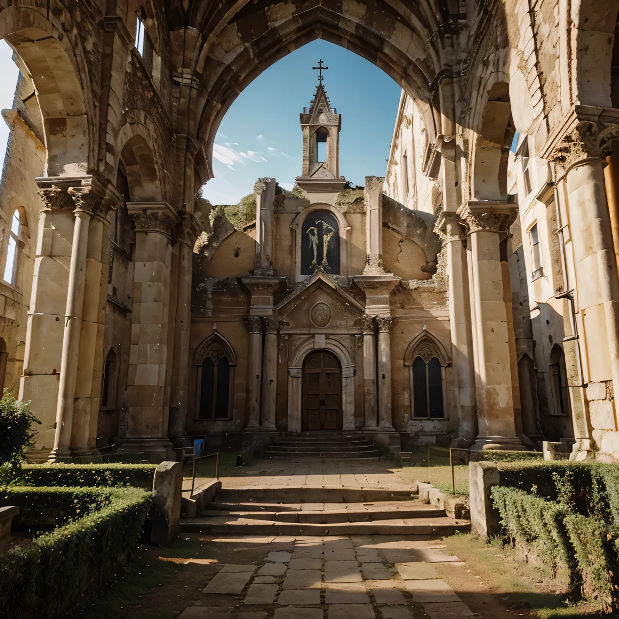 A church that is decorative on the outside but very mesy and a lot of ruins