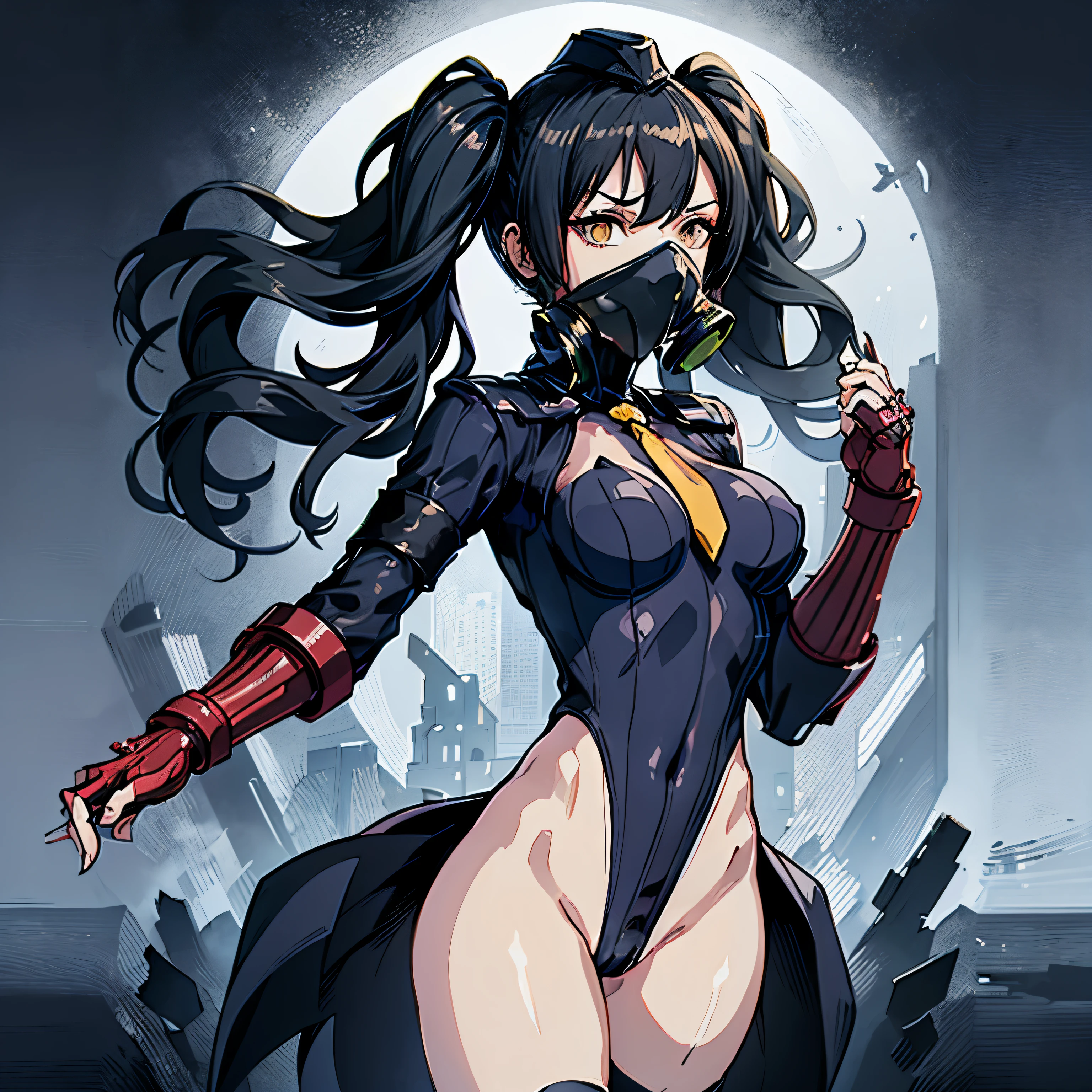 ultra-detailed, Explicit, Beautiful body, Beautiful Nose, Beautiful character design, perfect eyes, perfect face, ultra highres, 4K, beautiful legs, perfect legs, Nice hands, Perfect hand, Masterpiece, Best Quality, Highly detailed, illustration, absurdres, perfect anatomy, street fighter, doll suit, shadaloo doll, dollsuit, expressionless, blank eyes, looking at viewer, red gloves, emotionless, black latex, corrution, mind control, female combatant, full body, hypnotized, unhappy trance, full body suit, ribbed bodysuit, both arms at side, obey, perfect female body, extremely glossy latex, hypnosis, hypnoLora, empty eyes, Mind control device, poses, submissive_pose, Slave, lying down straight,  lying down, lying down at attention, hat, necktie, belt, latex, ribbed bodysuit, thighhighs, garter belt, Fighting Stance, extending the right arm from the shoulder into the air with a straightened hand, military, thigh boots, black pantyhose, (((pixel-perfect, detail-perfect))), solo, 1girl, hair ornaments, long hair, black hair, hair ribbon, yellow eyes, Scarecrow, Girls' Frontline, medium breast, twin tails, (((gas mask))), ScarecrowGasmask, sangvis ferri