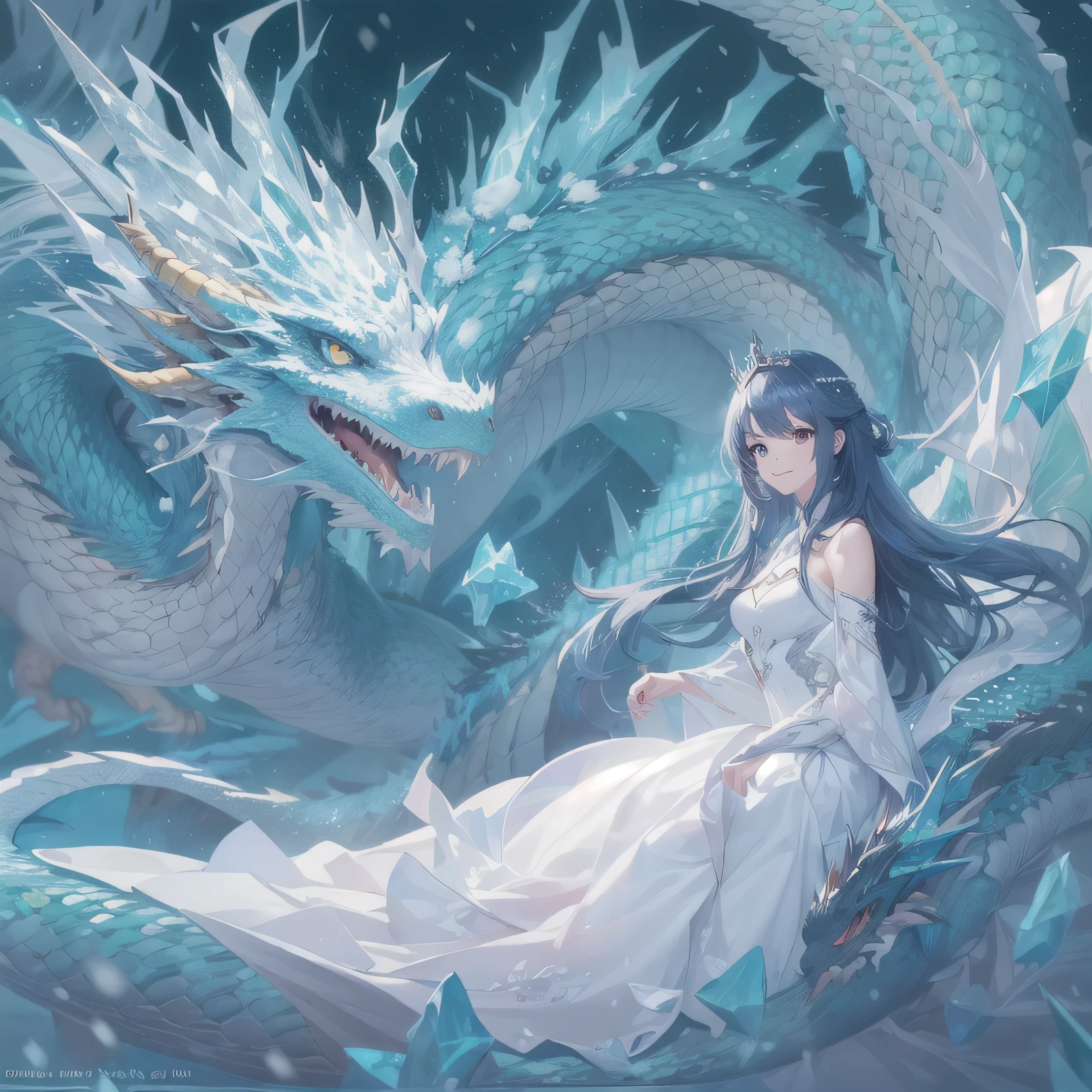 Madeon,1 dragon,lit,very detailed, 4k, 8K, highest quality, beautiful colorful,pretty girl,(cinematic lit), pretty girl,(Bright colors,colorful:1.2),(Glasses:1.5)、(very long hair 、asymmetrical chignon、beautiful blue gradation hair:1.4)、smile evilly、(very detailedドレス:1.2+Beautiful blue dress:1.3+Dresses in gradient colors:1.2+beautiful white armor:1.4),(very detailedシルクケープ:1.3+fantastic blue ケープ:1.1),(detailed sparkling tiara:1.1),(Mystery Pose,smile:1.3),(beautiful blue and beautiful white:1.4), queen of dragons, Dragon Queen, trending on artstation pixiv, (Background Dragon:1.4), very detailed芸術の芽, anime fantasy artwork, by ヤン・J, (giant dragon in the background:1.6), detailed anime artwork, anime fantasy illustration,(iceの魔法,ice,snow,icesnow,Storm effect:1.7),(fractal art:1.2)