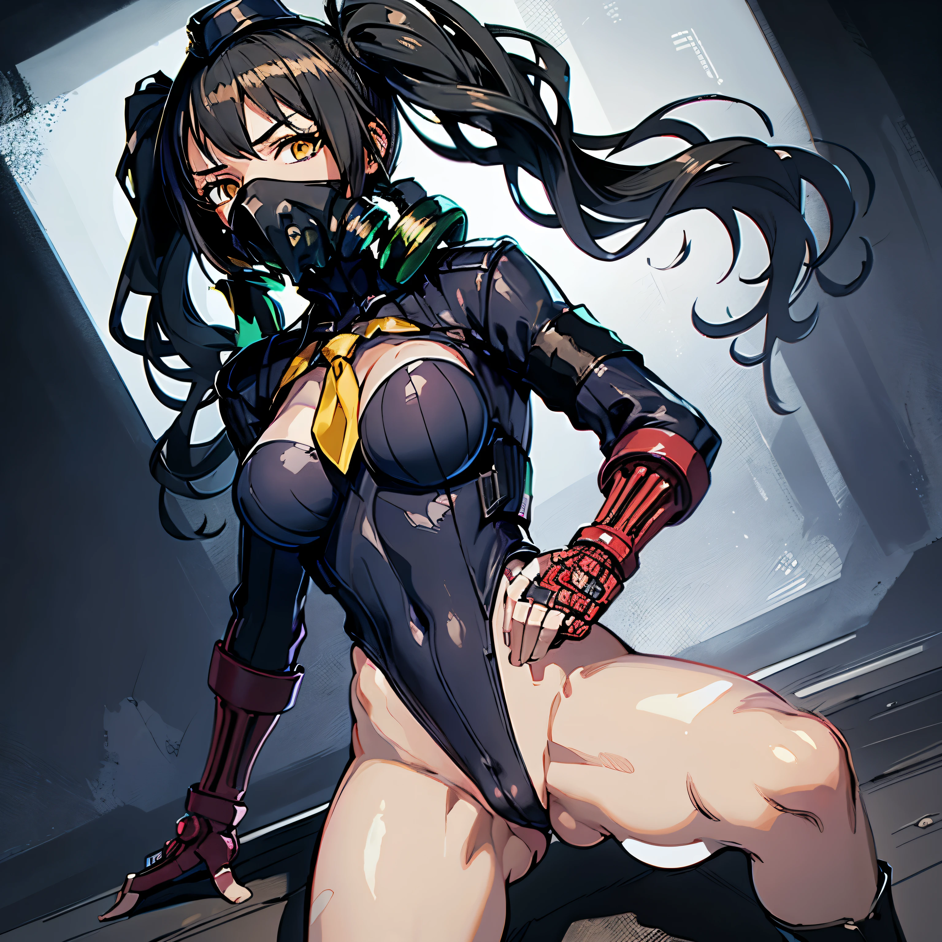 ultra-detailed, Explicit, Beautiful body, Beautiful Nose, Beautiful character design, perfect eyes, perfect face, ultra highres, 4K, beautiful legs, perfect legs, Nice hands, Perfect hand, Masterpiece, Best Quality, Highly detailed, illustration, absurdres, perfect anatomy, street fighter, doll suit, shadaloo doll, dollsuit, expressionless, blank eyes, looking at viewer, red gloves, emotionless, black latex, corrution, mind control, female combatant, full body, hypnotized, unhappy trance, full body suit, ribbed bodysuit, both arms at side, obey, perfect female body, extremely glossy latex, hypnosis, hypnoLora, empty eyes, Mind control device, poses, submissive_pose, Slave, lying down straight,  lying down, lying down at attention, hat, necktie, belt, latex, ribbed bodysuit, thighhighs, garter belt, Fighting Stance, extending the right arm from the shoulder into the air with a straightened hand, military, thigh boots, black pantyhose, (((pixel-perfect, detail-perfect))), solo, 1girl, hair ornaments, long hair, black hair, hair ribbon, yellow eyes, Scarecrow, Girls' Frontline, medium breast, twin tails, (((gas mask))), ScarecrowGasmask, sangvis ferri