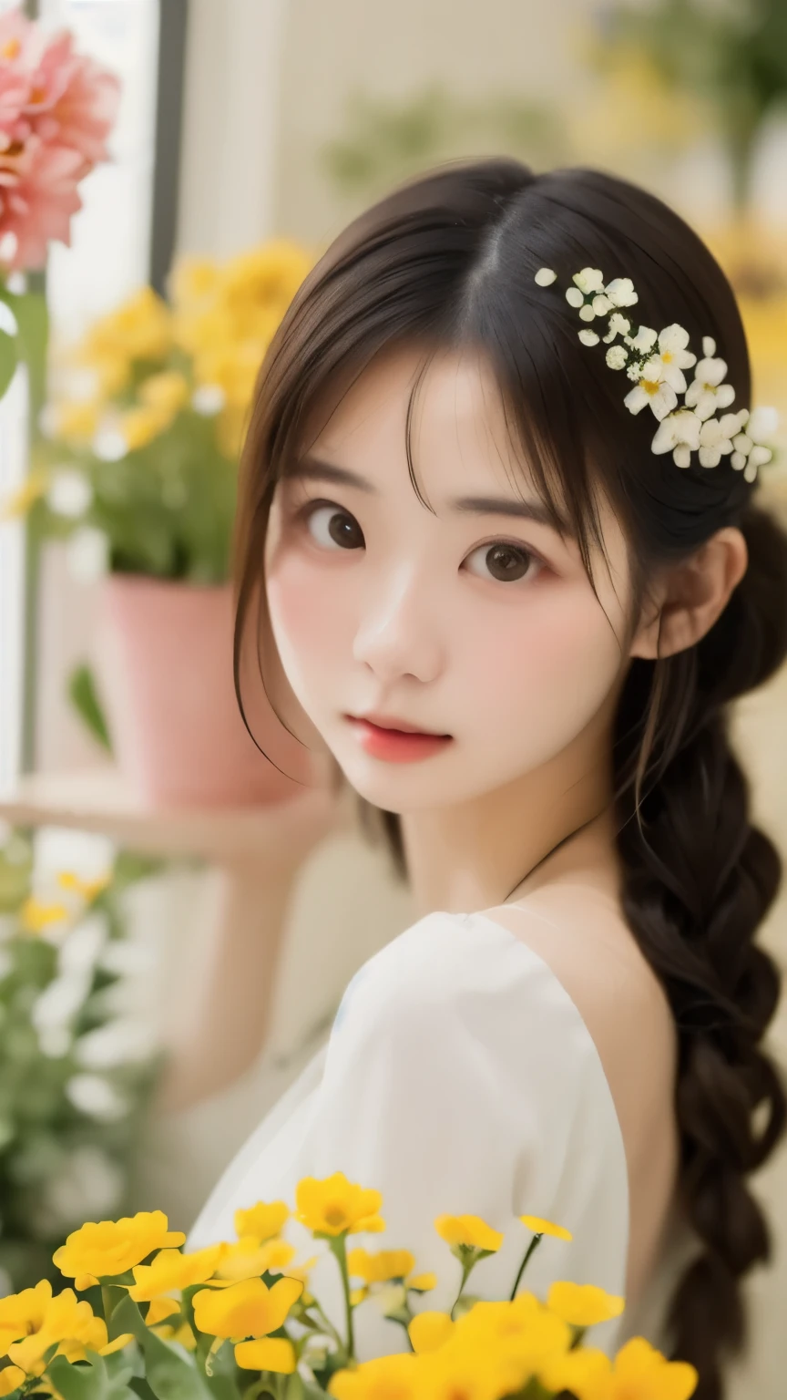 Raw photo、realistic、Realistic-oriented、(((woman working at a flower shop、beautiful flower々:1.2、lots of flowers:1.2、flower garden flower shop:1.2)))、Gypsophila、cat clerk、beckoning cat、cute face、small nose、plump lips、carefully tied braids、cute、clerk serving customers、Blue front cover:1.2、Natural light、(very detailed, intricate details), sharp focus, calm colors, 8K, confused, 8mm film grain
