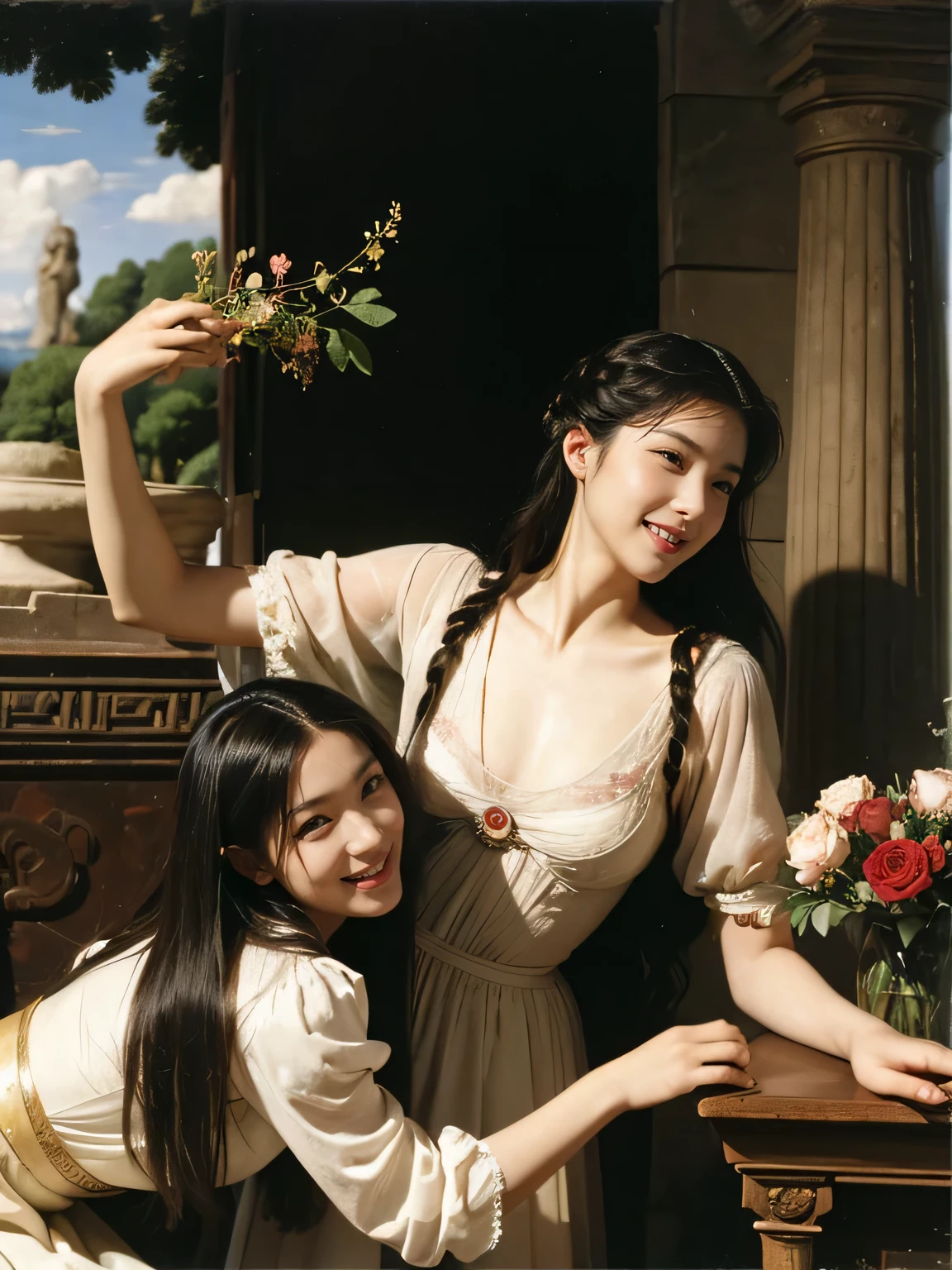 Giorgione's painting style,Discussion between two female philosophers,math、astronomical machine、astronaut、roses in vase、fruit、Cute trinkets、smile、ancient greek costume、Ancient Roman landscape in the style of Nicolas Poussin,laughter,,sweet and seductive appearance.、caravaggio painting、Caravaggio's chiaroscuro、My hair was messed up by the wind,two women having fun,cute smile, expression of ecstasy,sexy,erotic